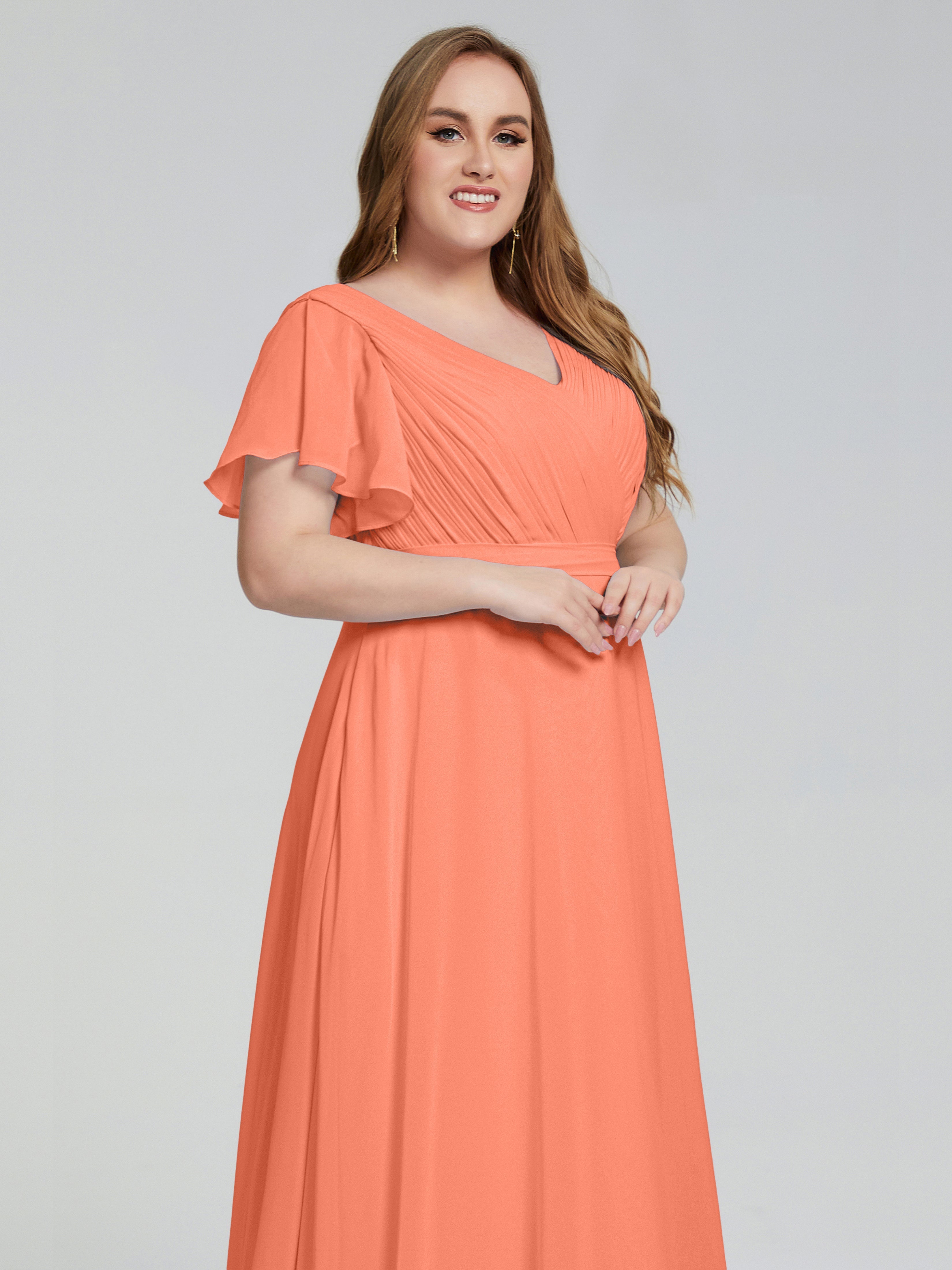 Robes De Demoiselle D'Honneur Coucher De Soleil Manches Courtes Mousseline Robes Demoiselle D'Honneur