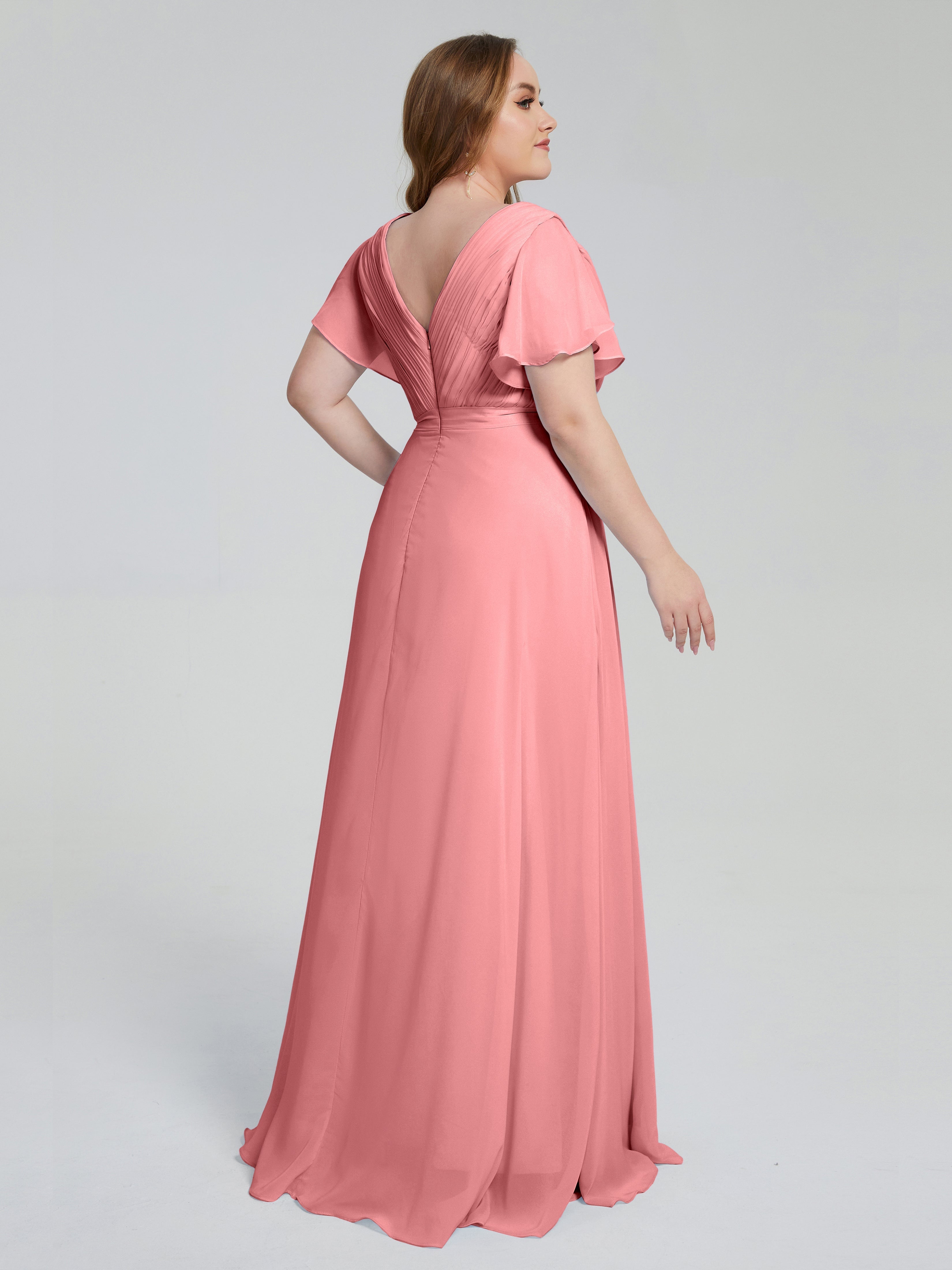Robes De Demoiselle D'Honneur En Flamant Manches Courtes Mousseline Robes Demoiselle D'Honneur