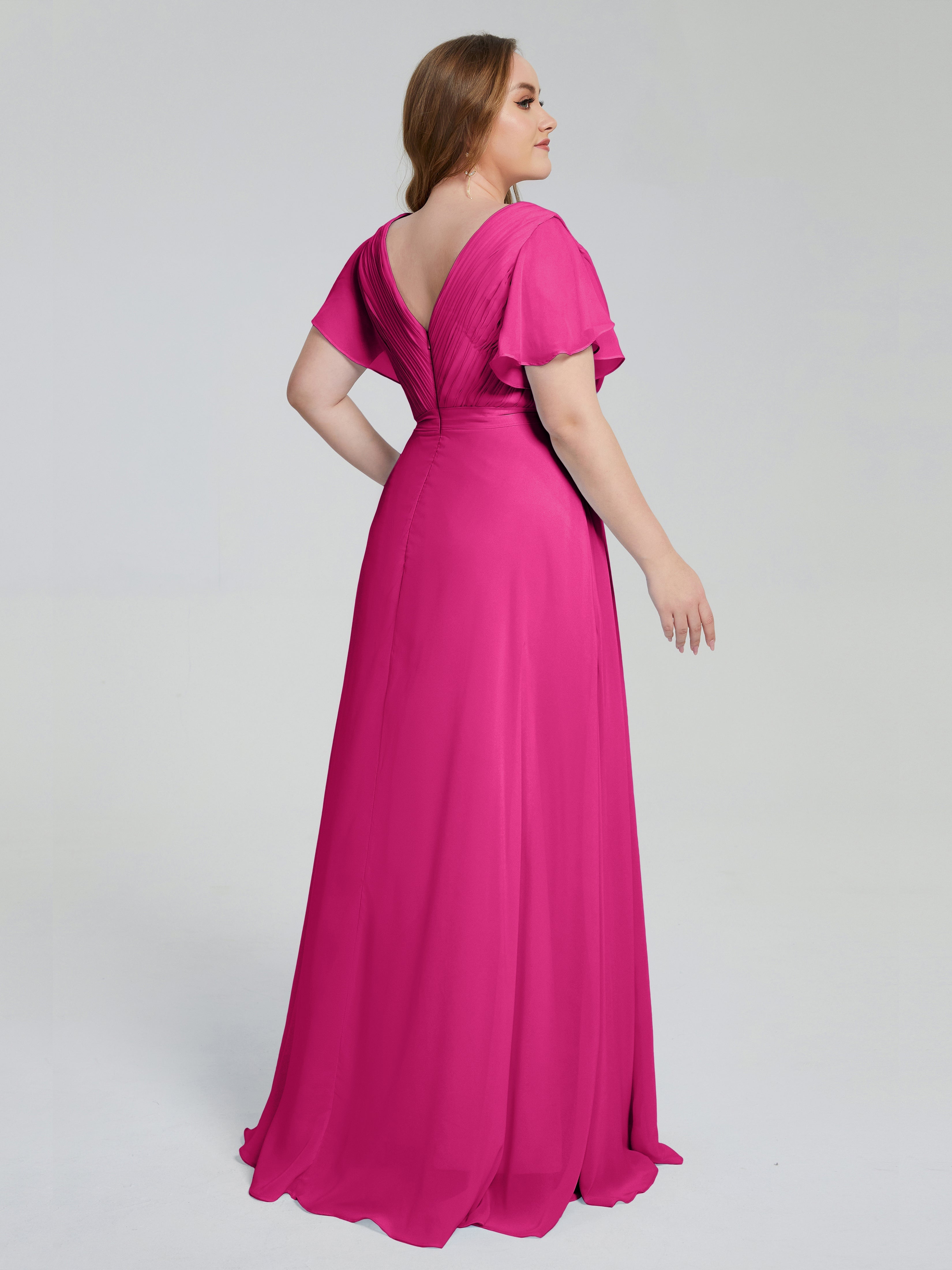 Robe Rose Fuchsia Demoiselle D Honneur Manches Courtes Mousseline Robes Demoiselle D'Honneur