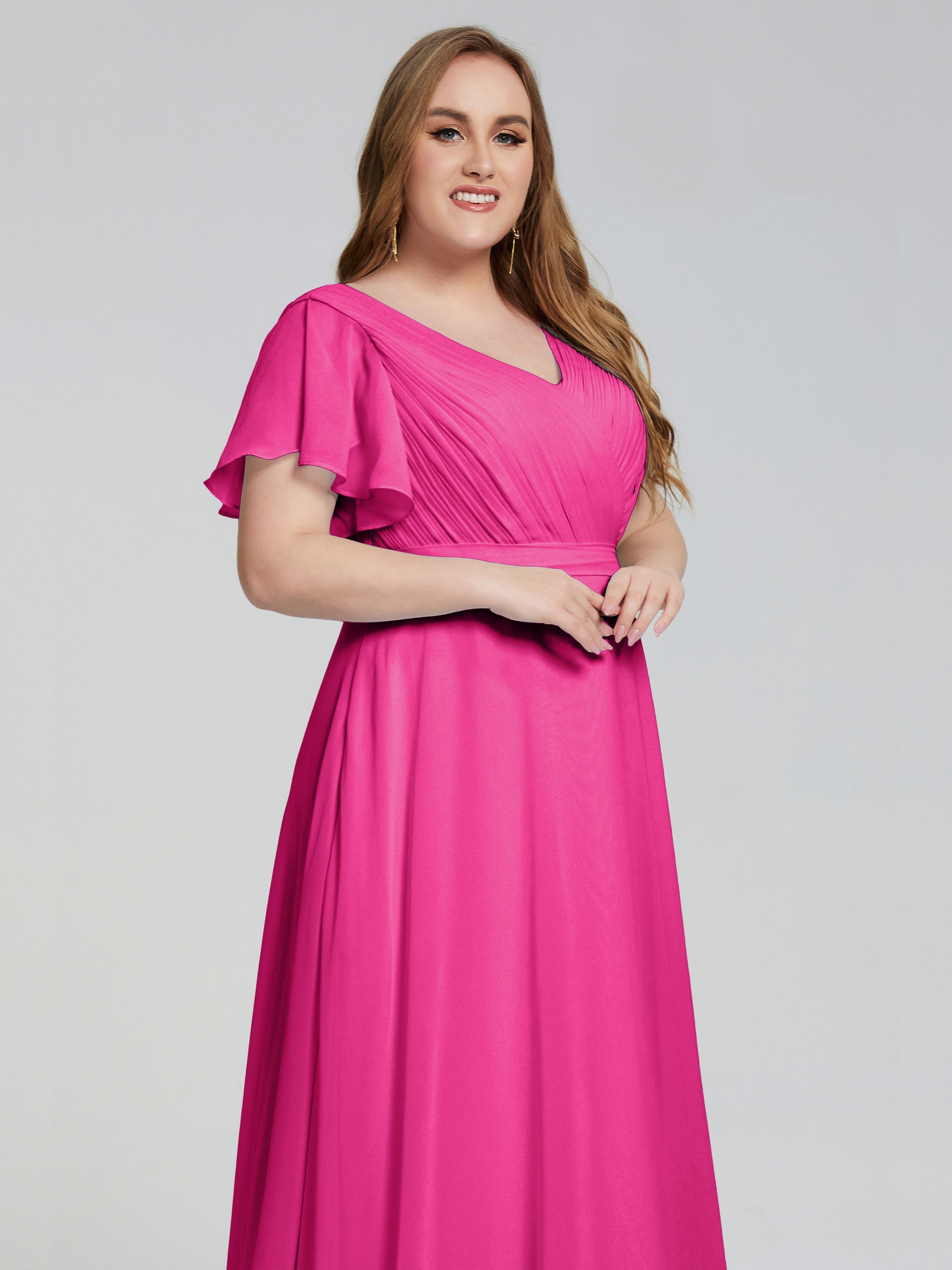 Robe Rose Fuchsia Demoiselle D Honneur Manches Courtes Mousseline Robes Demoiselle D'Honneur