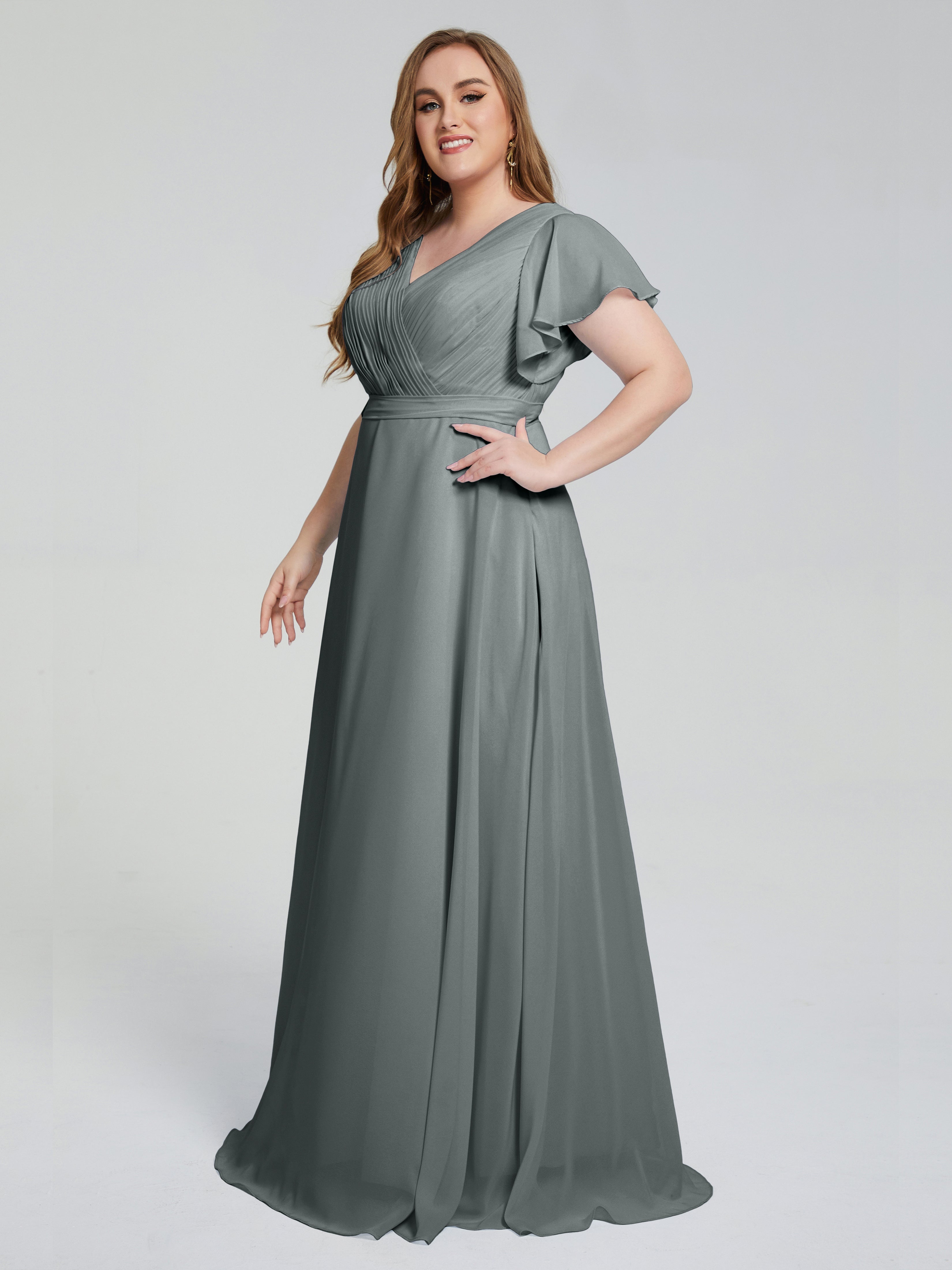 Demoiselle D Honneur Gris Manches Courtes Mousseline Robes Demoiselle D'Honneur