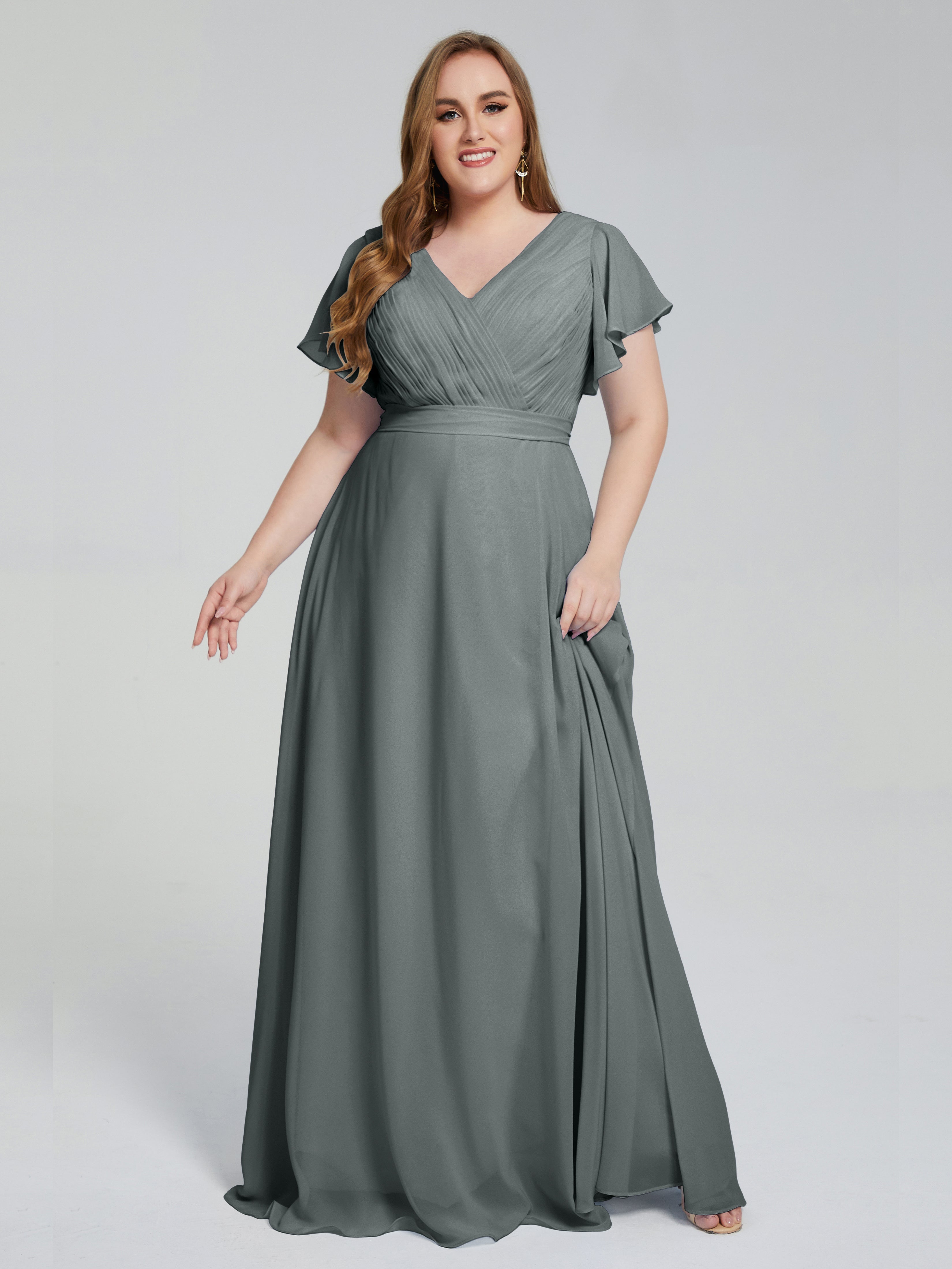 Demoiselle D Honneur Gris Manches Courtes Mousseline Robes Demoiselle D'Honneur