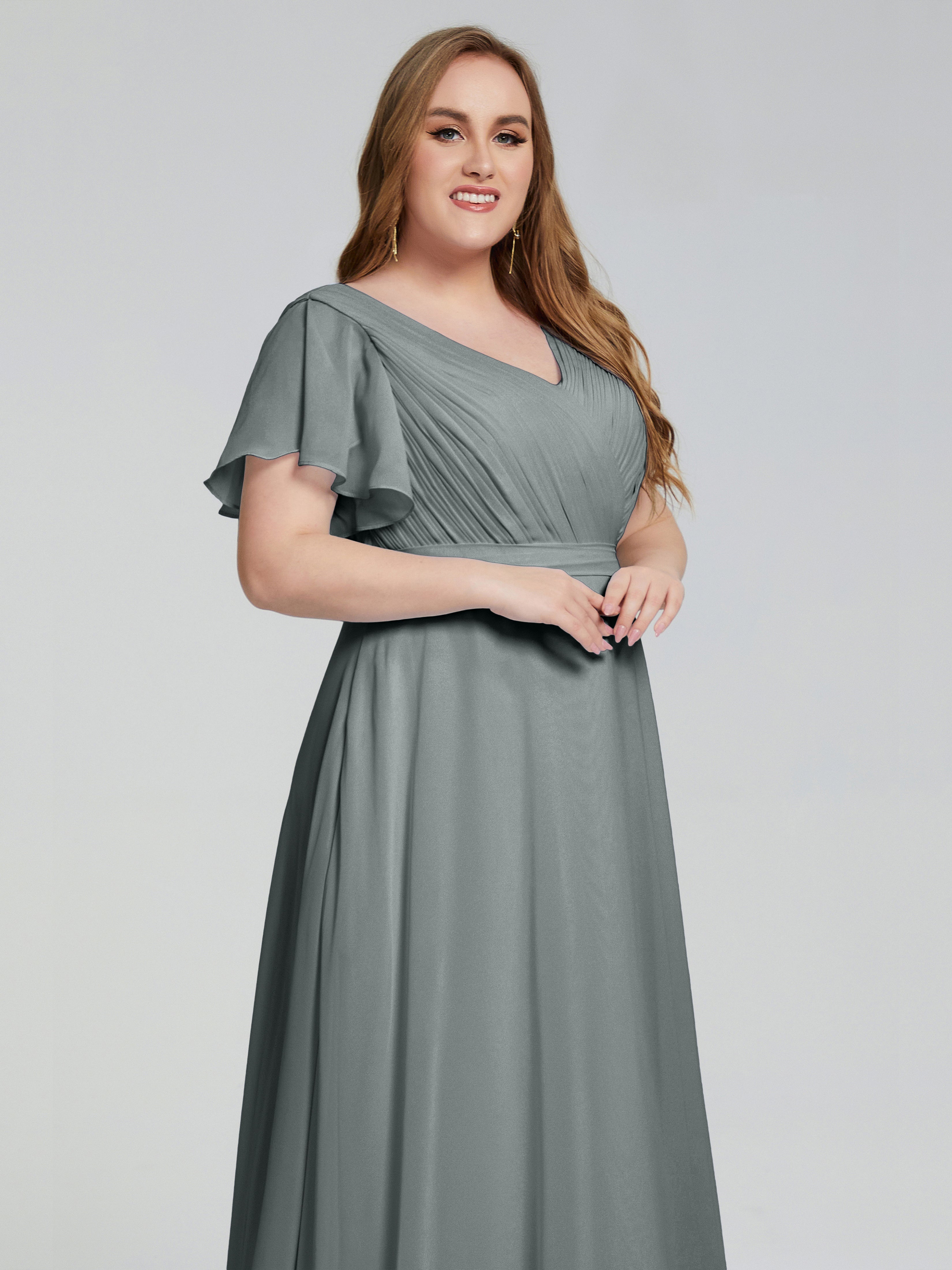 Demoiselle D Honneur Gris Manches Courtes Mousseline Robes Demoiselle D'Honneur
