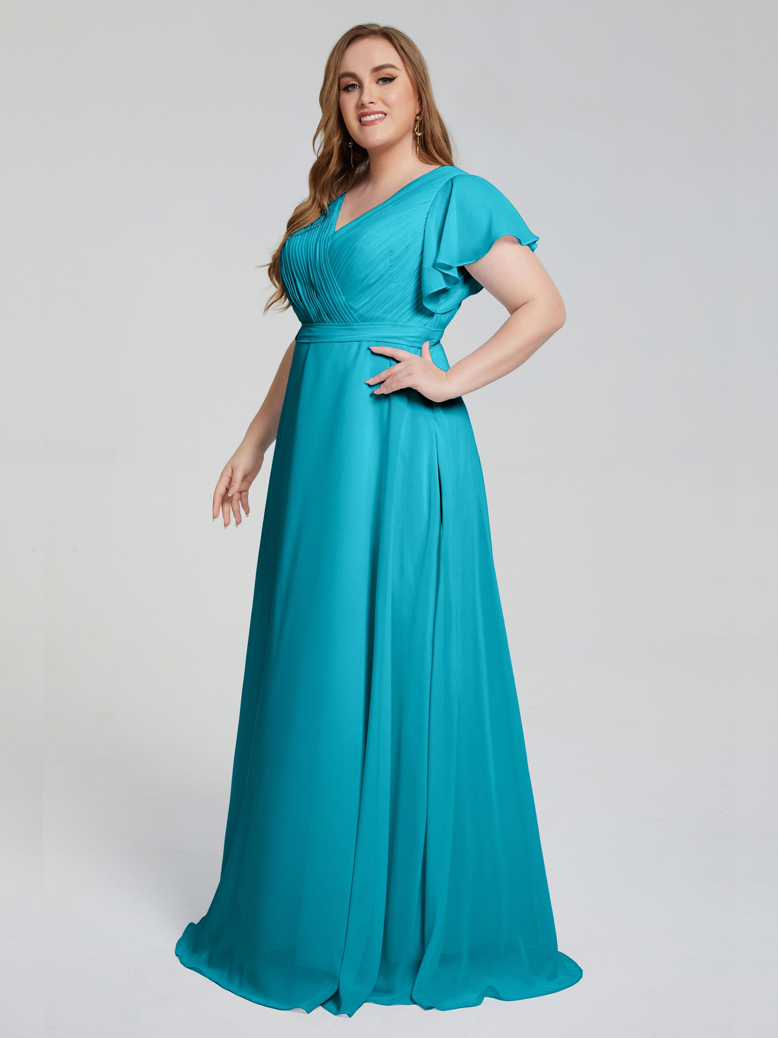 Robes De Demoiselle D'Honneur Vert Jade Manches Courtes Mousseline Robes Demoiselle D'Honneur