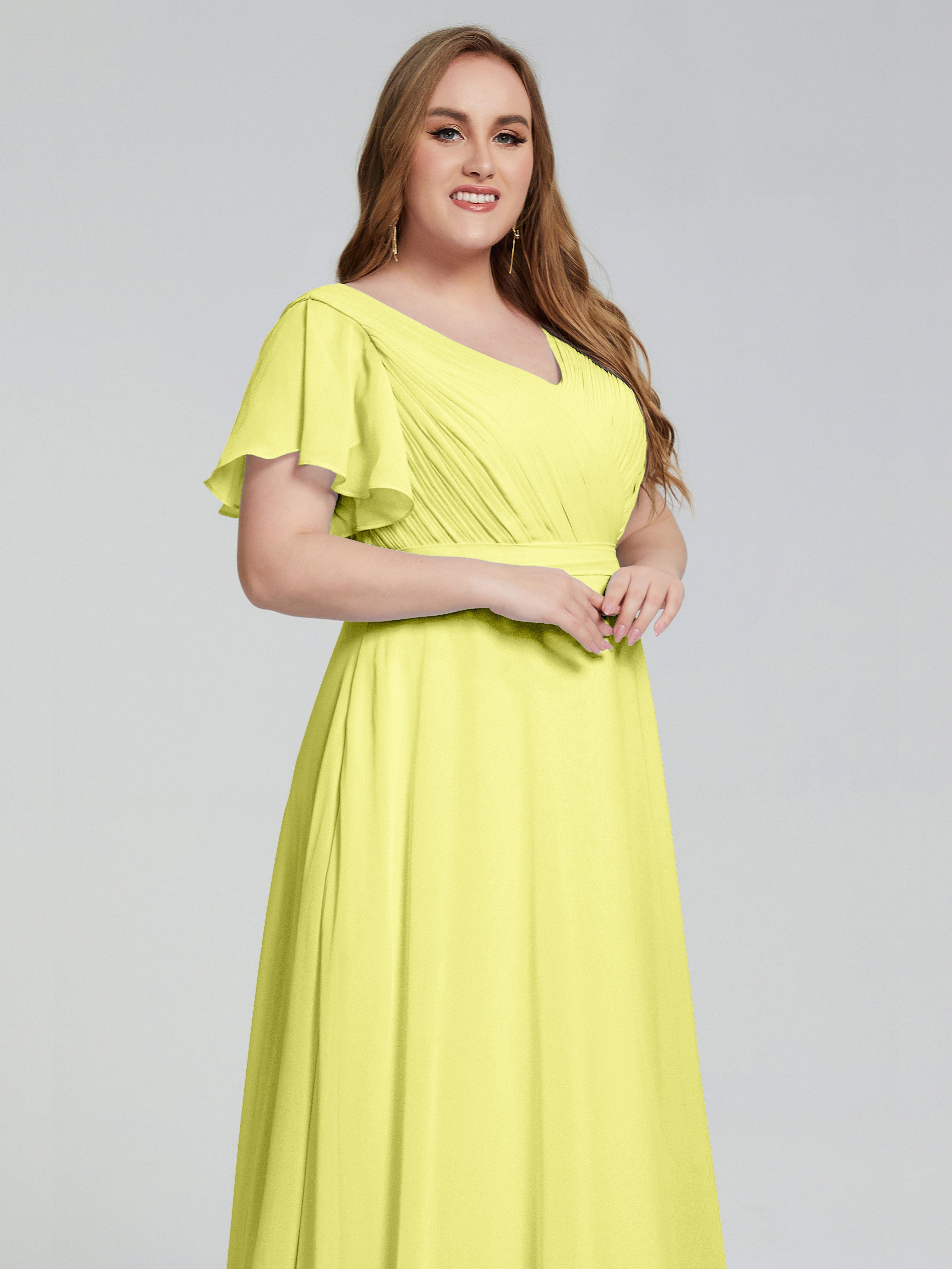 Robes De Demoiselle D'Honneur Jonquille Manches Courtes Mousseline Robes Demoiselle D'Honneur