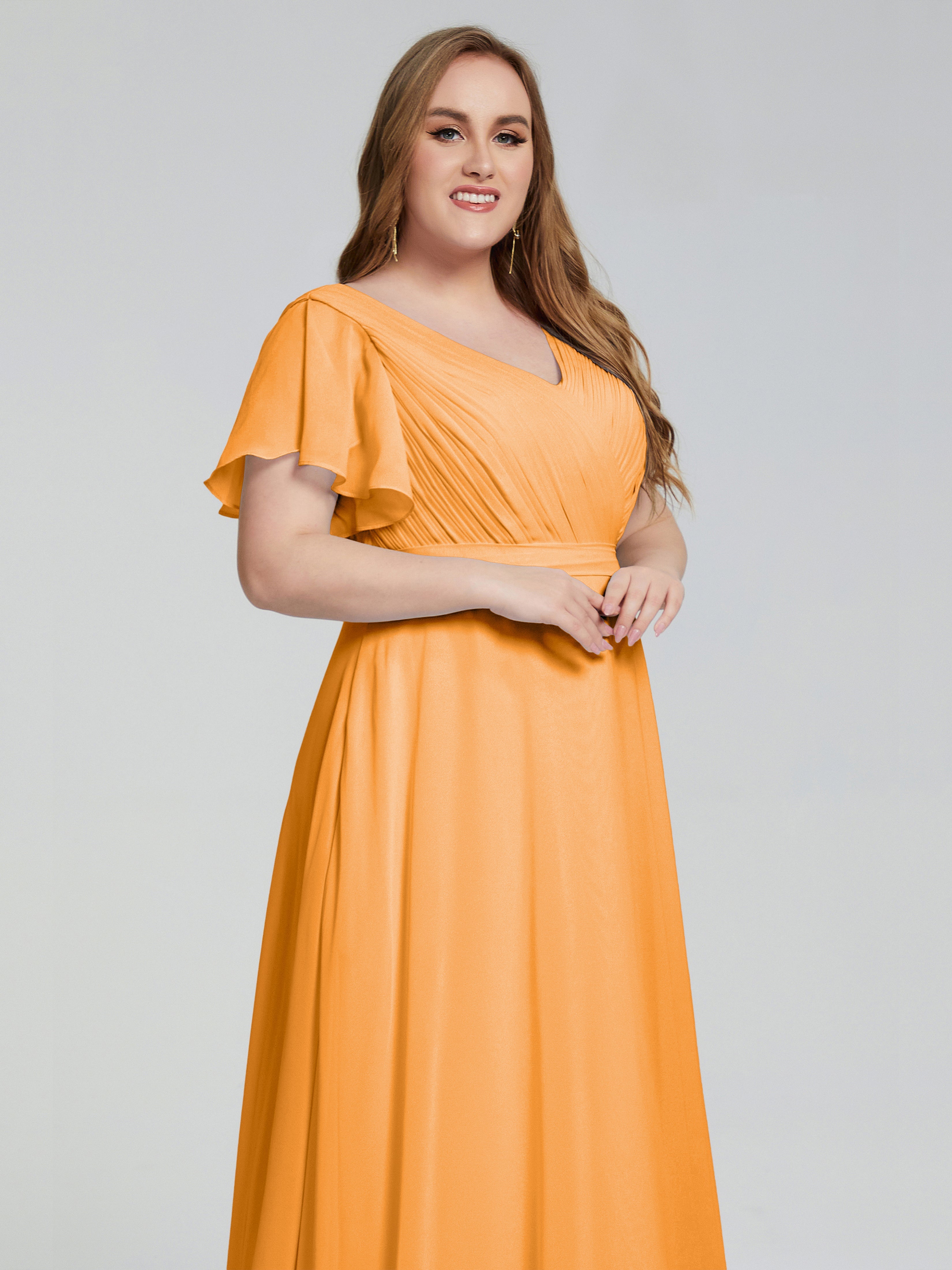 Robes De Demoiselle D'Honneur Mandarine Manches Courtes Mousseline Robes Demoiselle D'Honneur