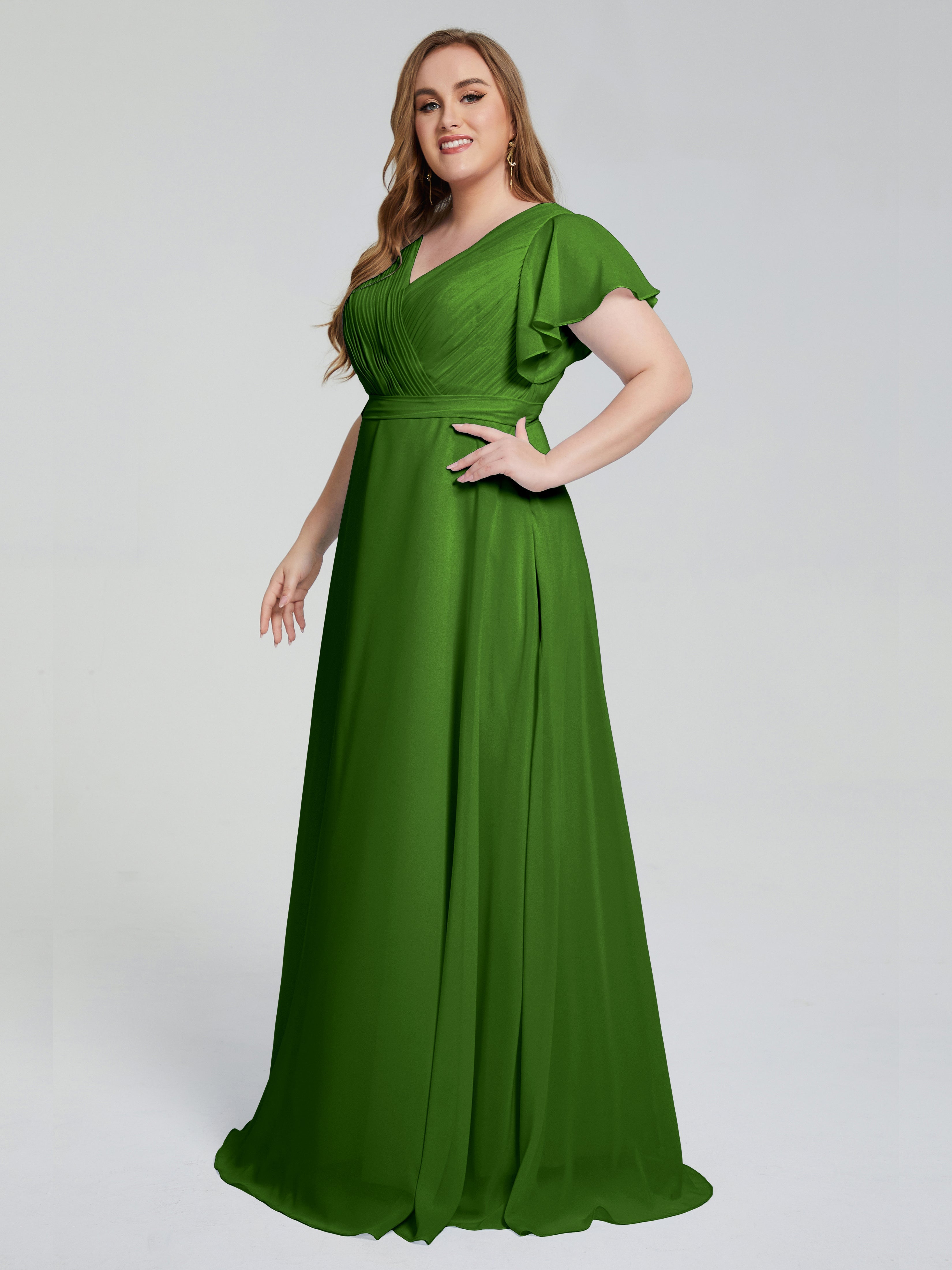 Robes De Demoiselle D'Honneur Vert Mousse Manches Courtes Mousseline Robes Demoiselle D'Honneur