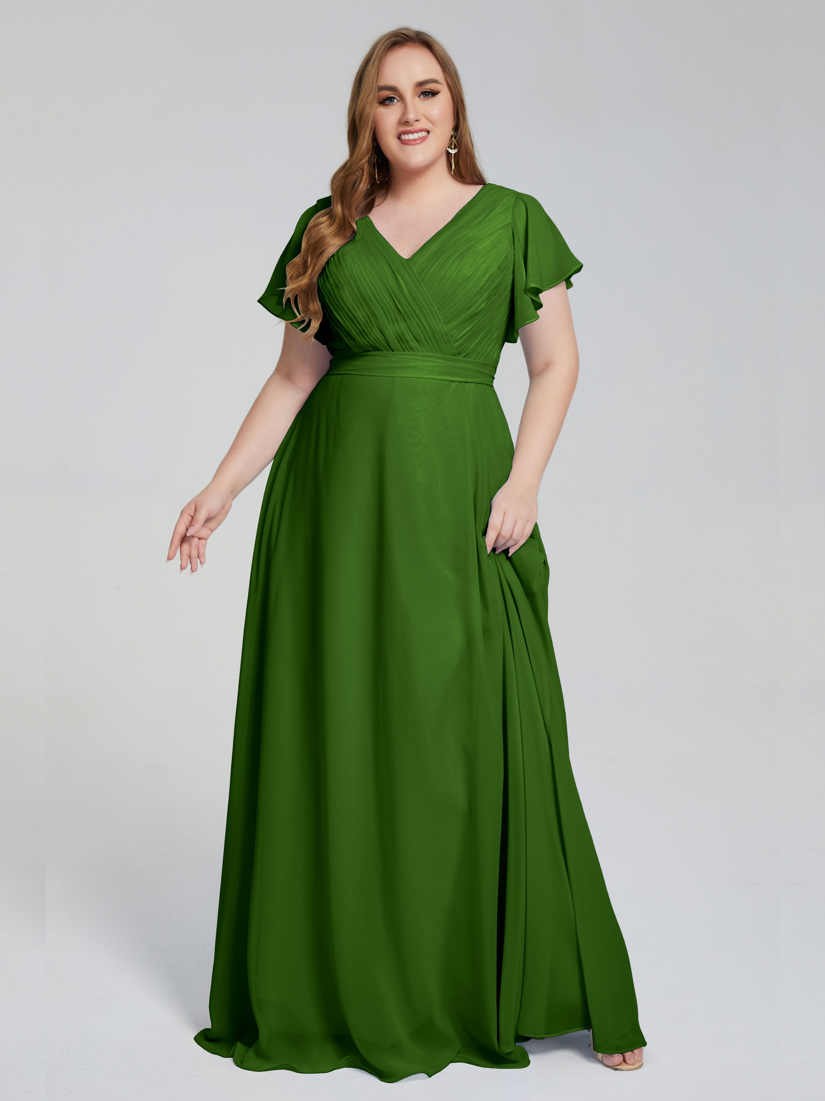 Robes De Demoiselle D'Honneur Vert Mousse Manches Courtes Mousseline Robes Demoiselle D'Honneur