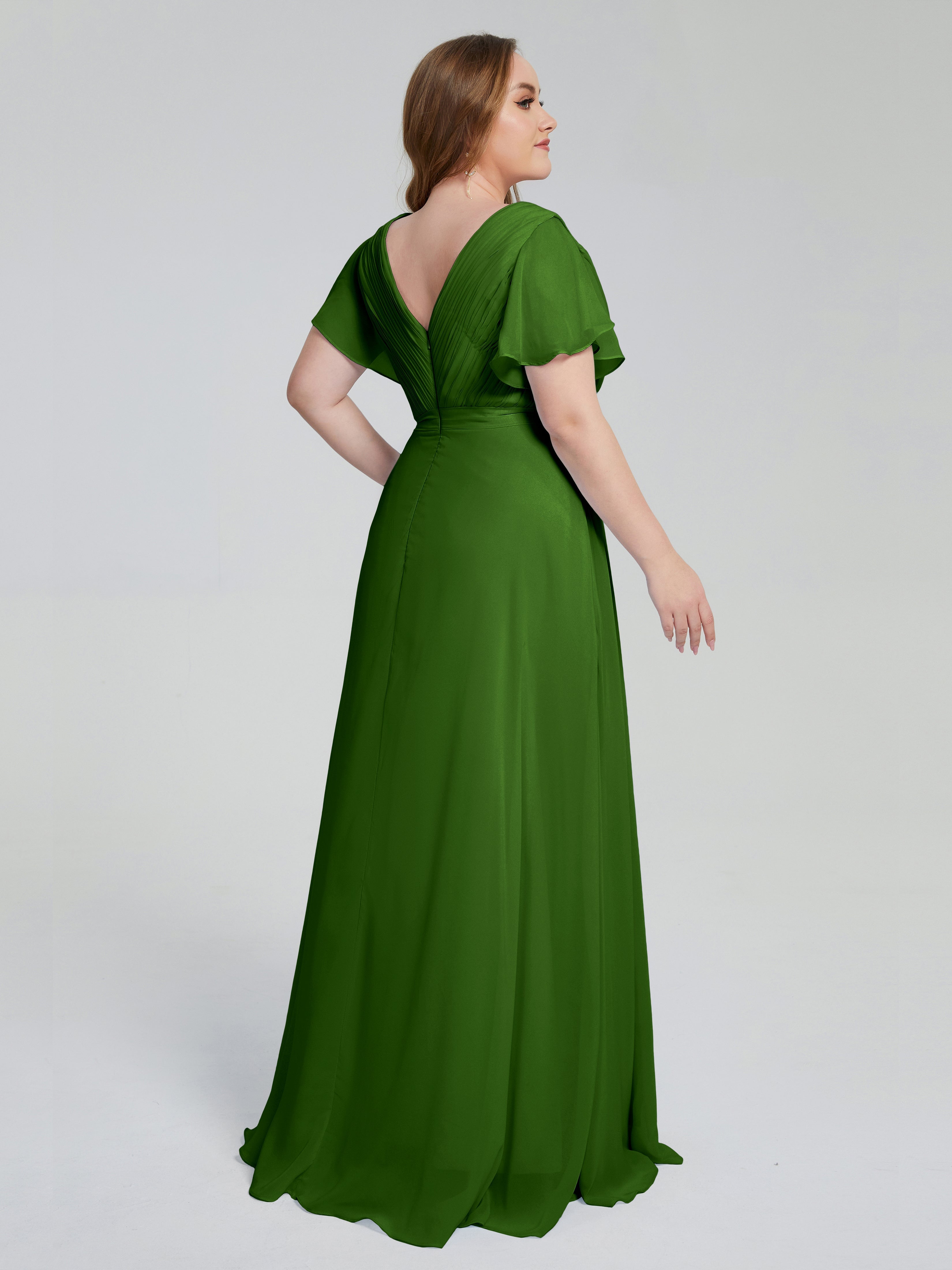 Robes De Demoiselle D'Honneur Vert Mousse Manches Courtes Mousseline Robes Demoiselle D'Honneur