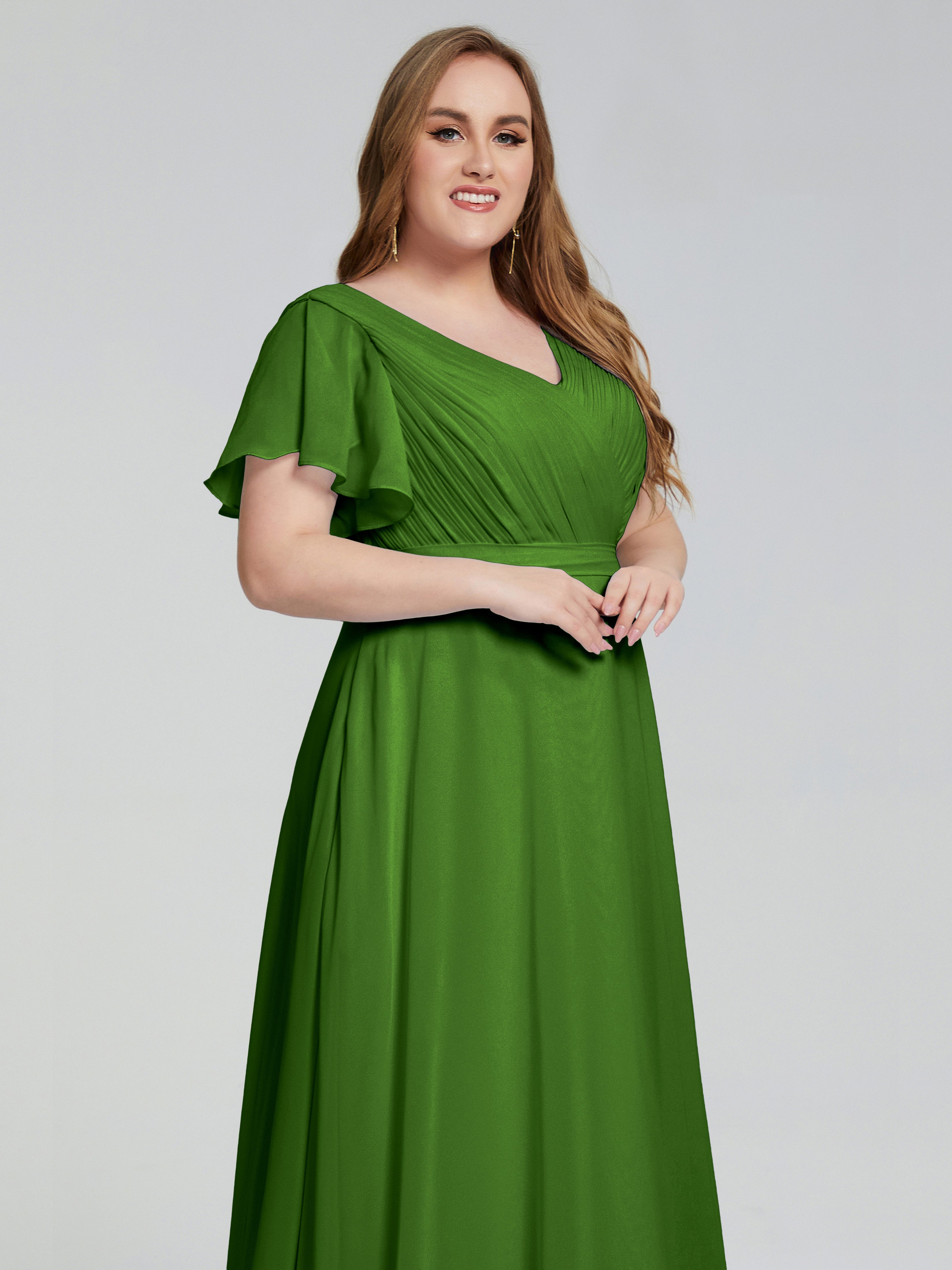 Robes De Demoiselle D'Honneur Vert Mousse Manches Courtes Mousseline Robes Demoiselle D'Honneur