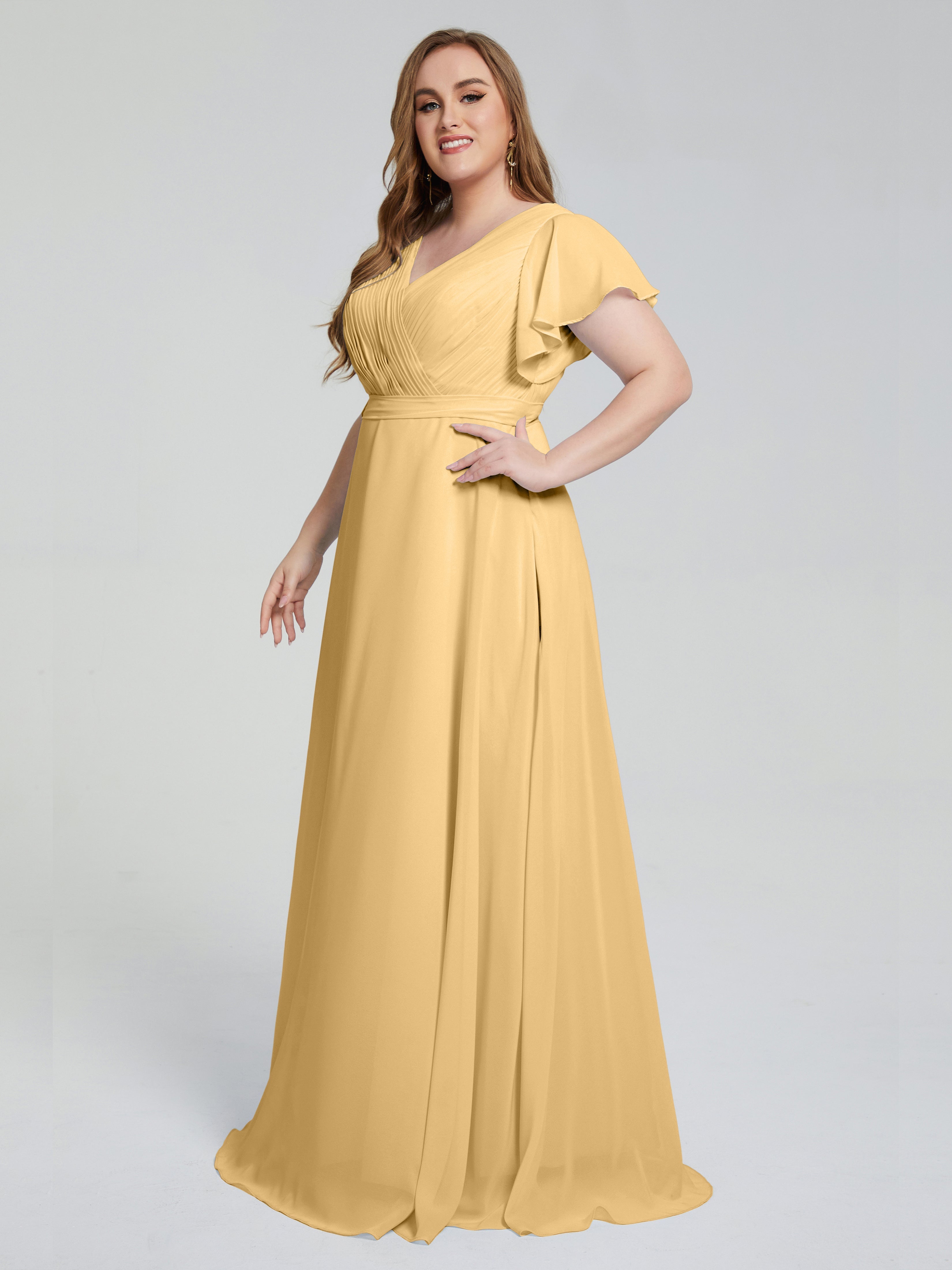 Robe Dorée Mariage Demoiselle D Honneur Manches Courtes Mousseline Robes Demoiselle D'Honneur