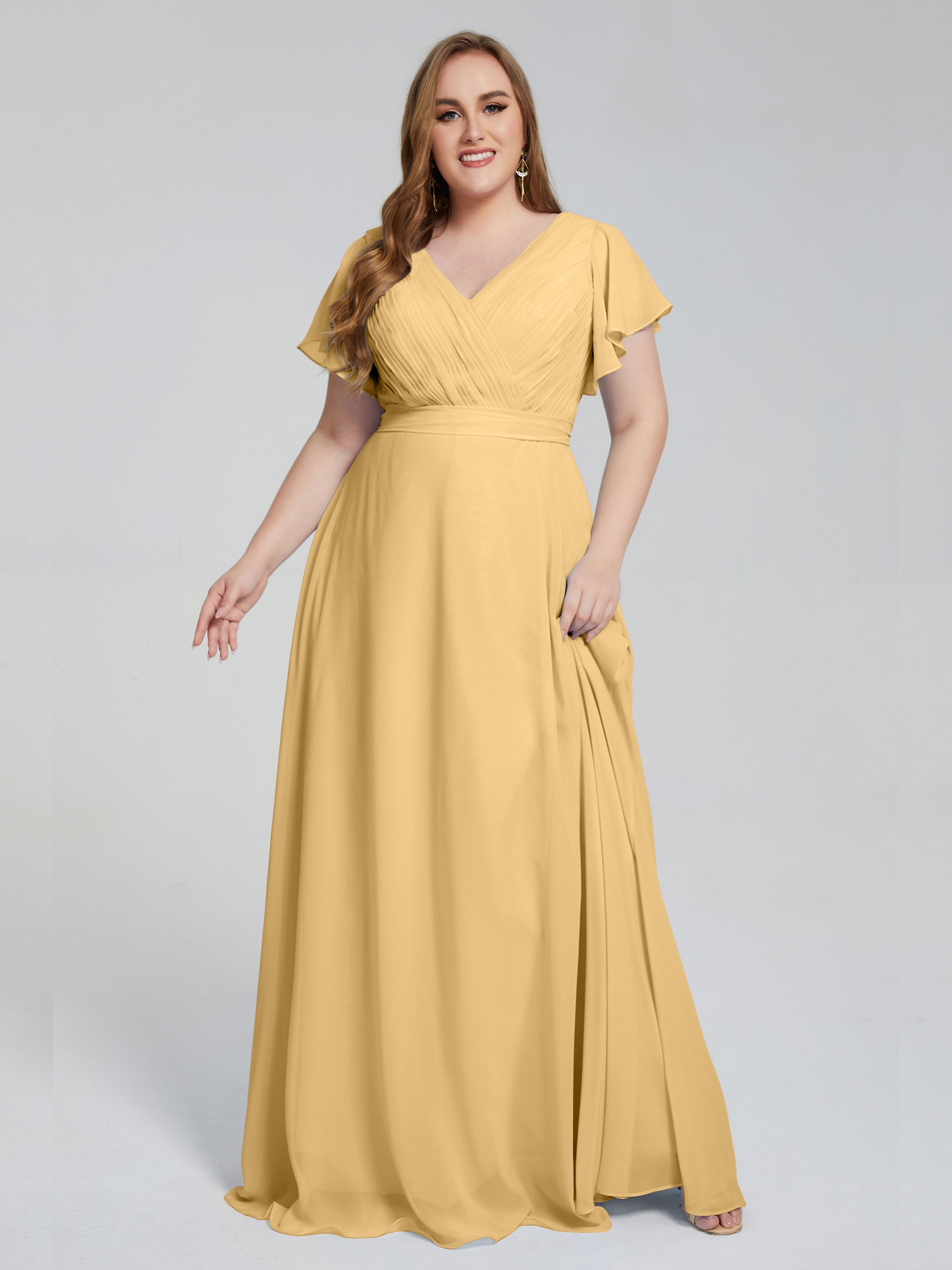 Robe Dorée Mariage Demoiselle D Honneur Manches Courtes Mousseline Robes Demoiselle D'Honneur
