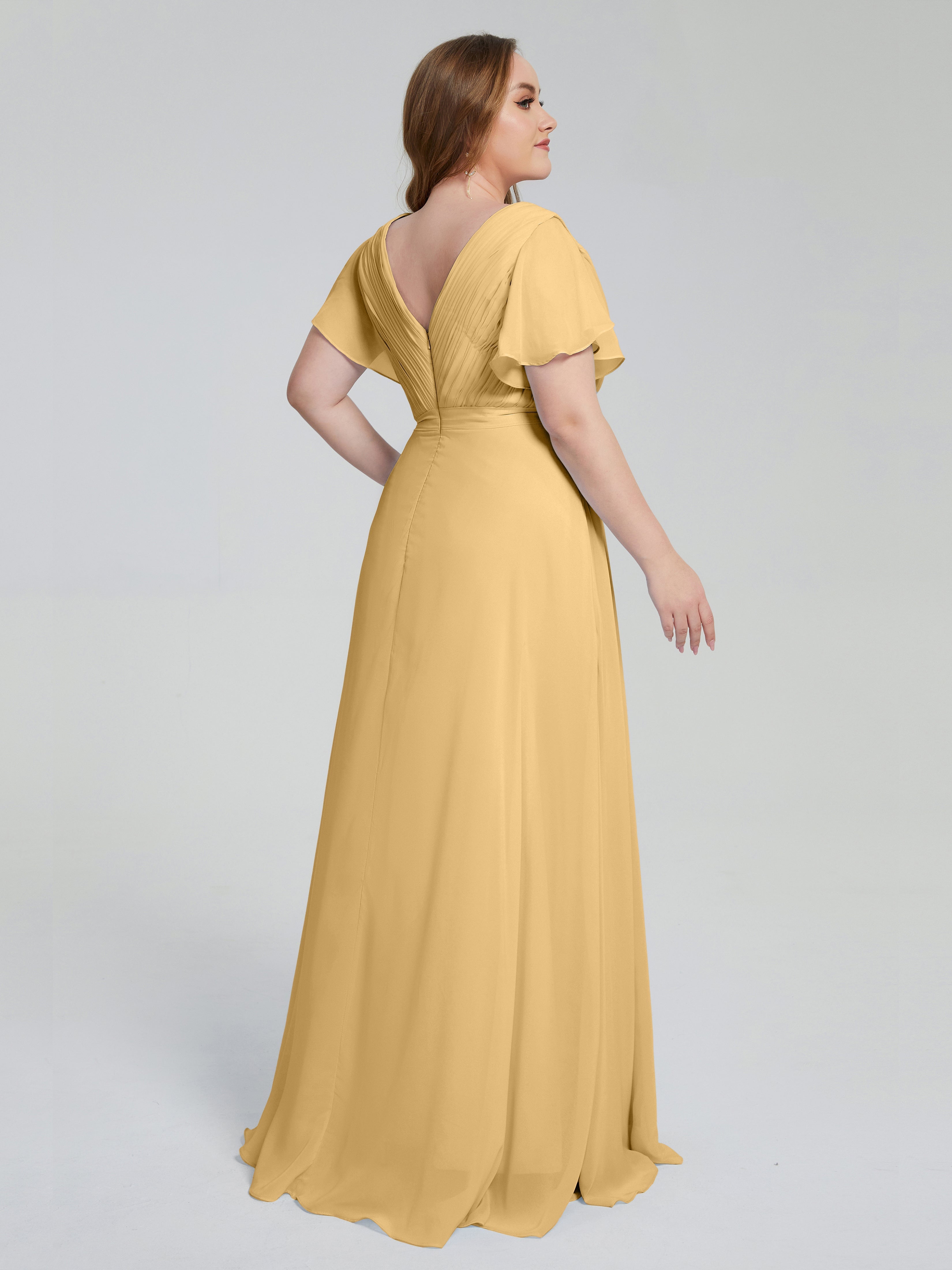 Robe Dorée Mariage Demoiselle D Honneur Manches Courtes Mousseline Robes Demoiselle D'Honneur