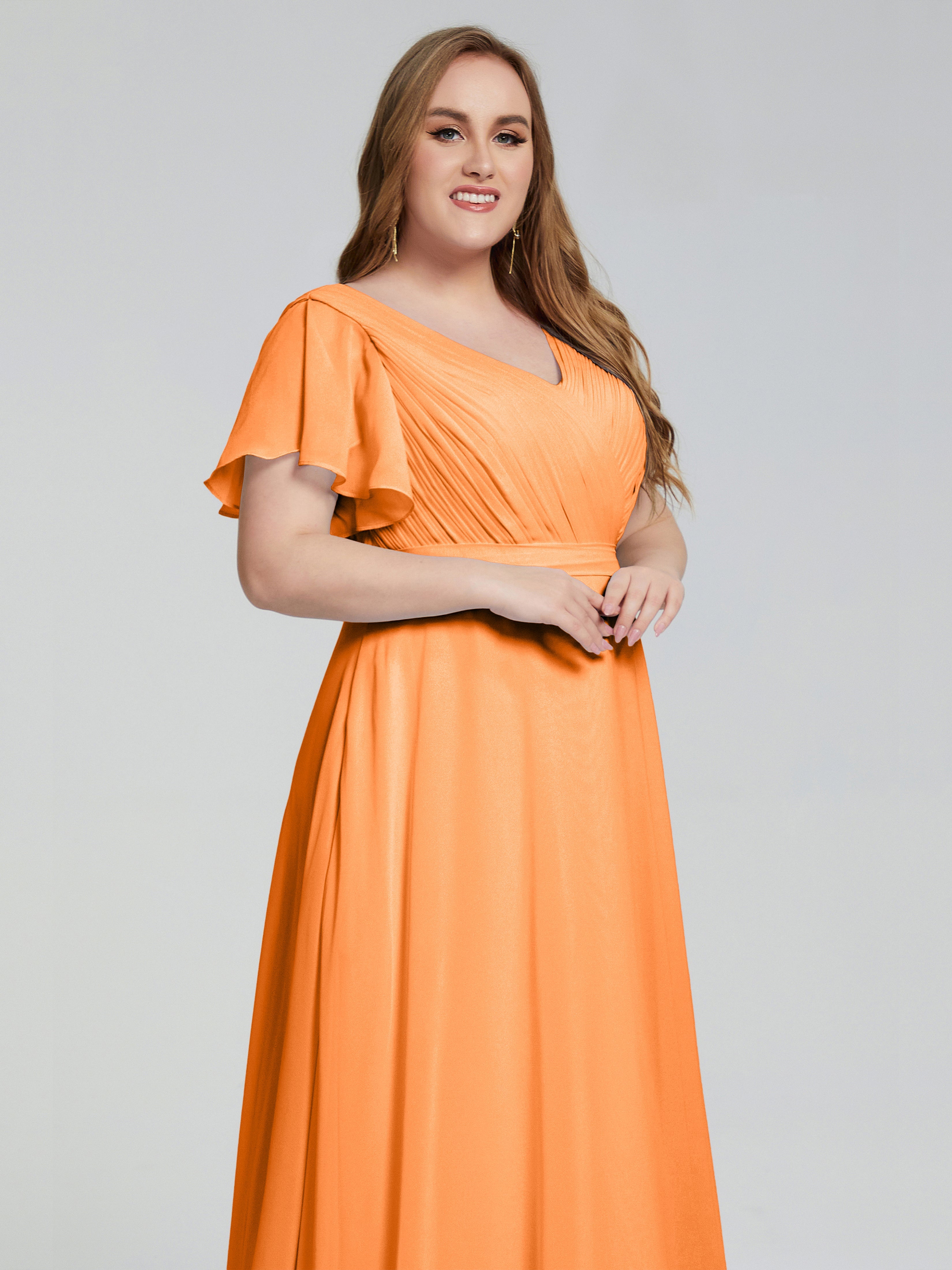 Demoiselle Dhonneur Robe Orange Manches Courtes Mousseline Robes Demoiselle D'Honneur