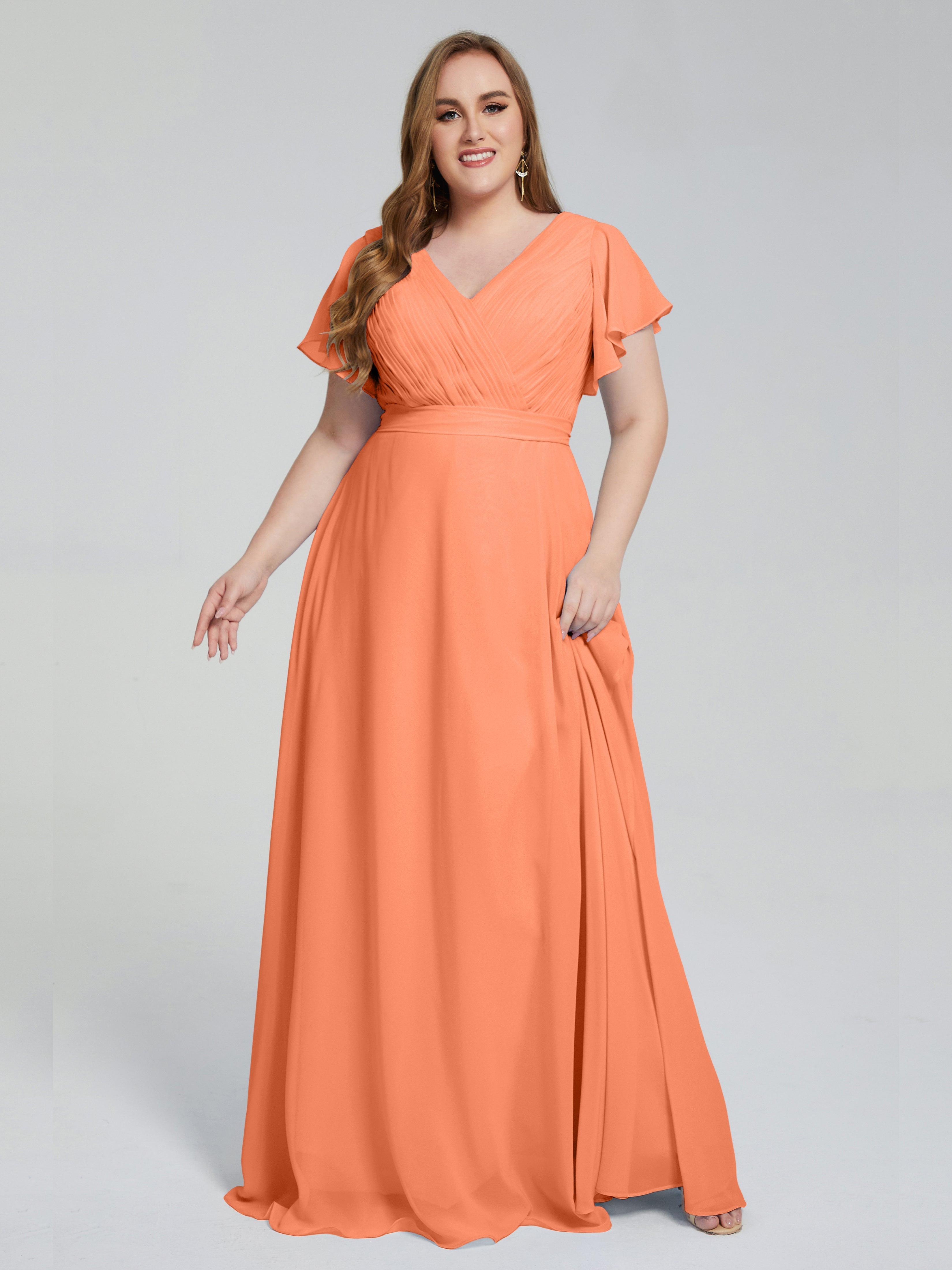 Robes De Demoiselle D'Honneur Papaye Manches Courtes Mousseline Robes Demoiselle D'Honneur