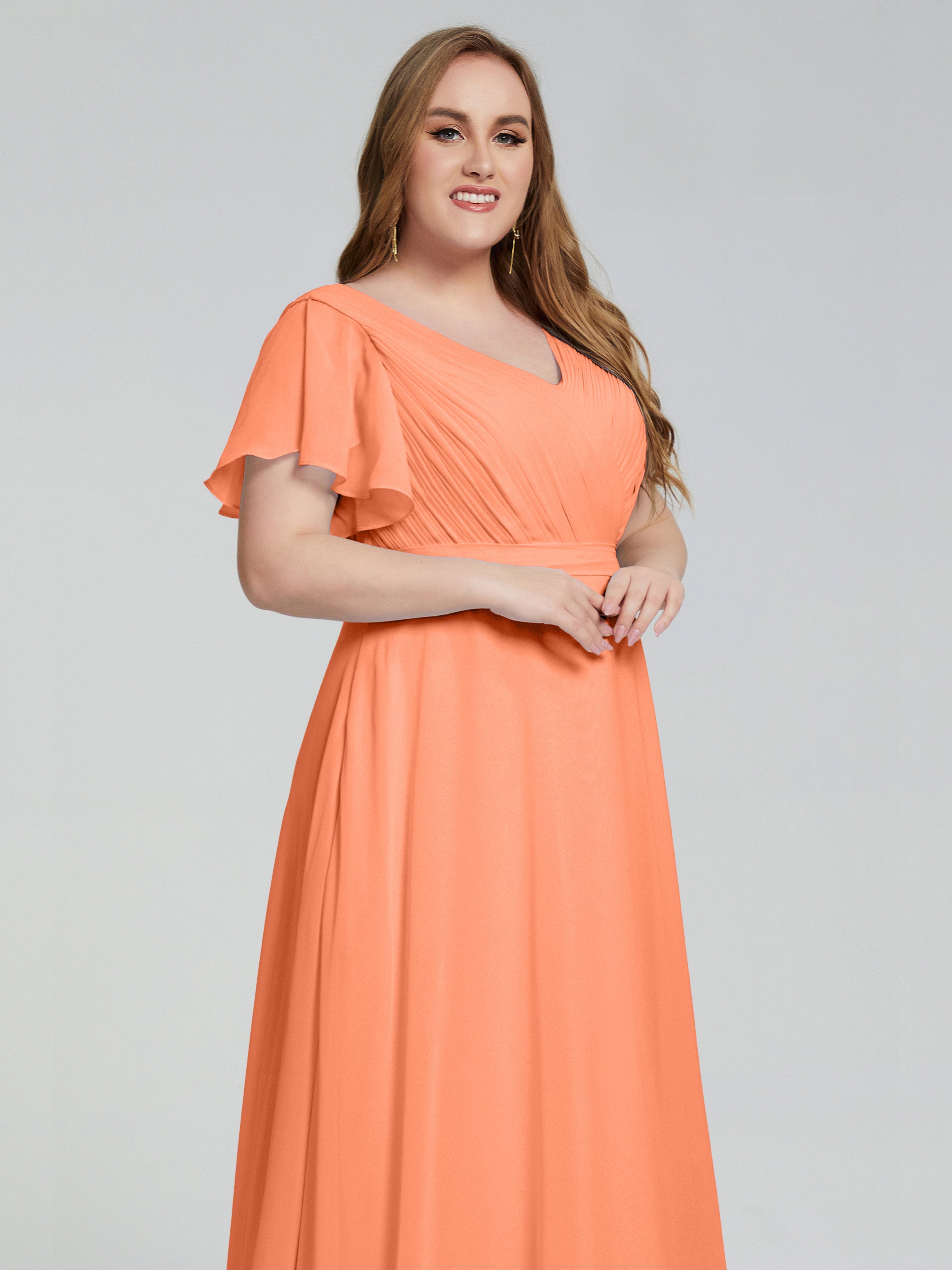 Robes De Demoiselle D'Honneur Papaye Manches Courtes Mousseline Robes Demoiselle D'Honneur