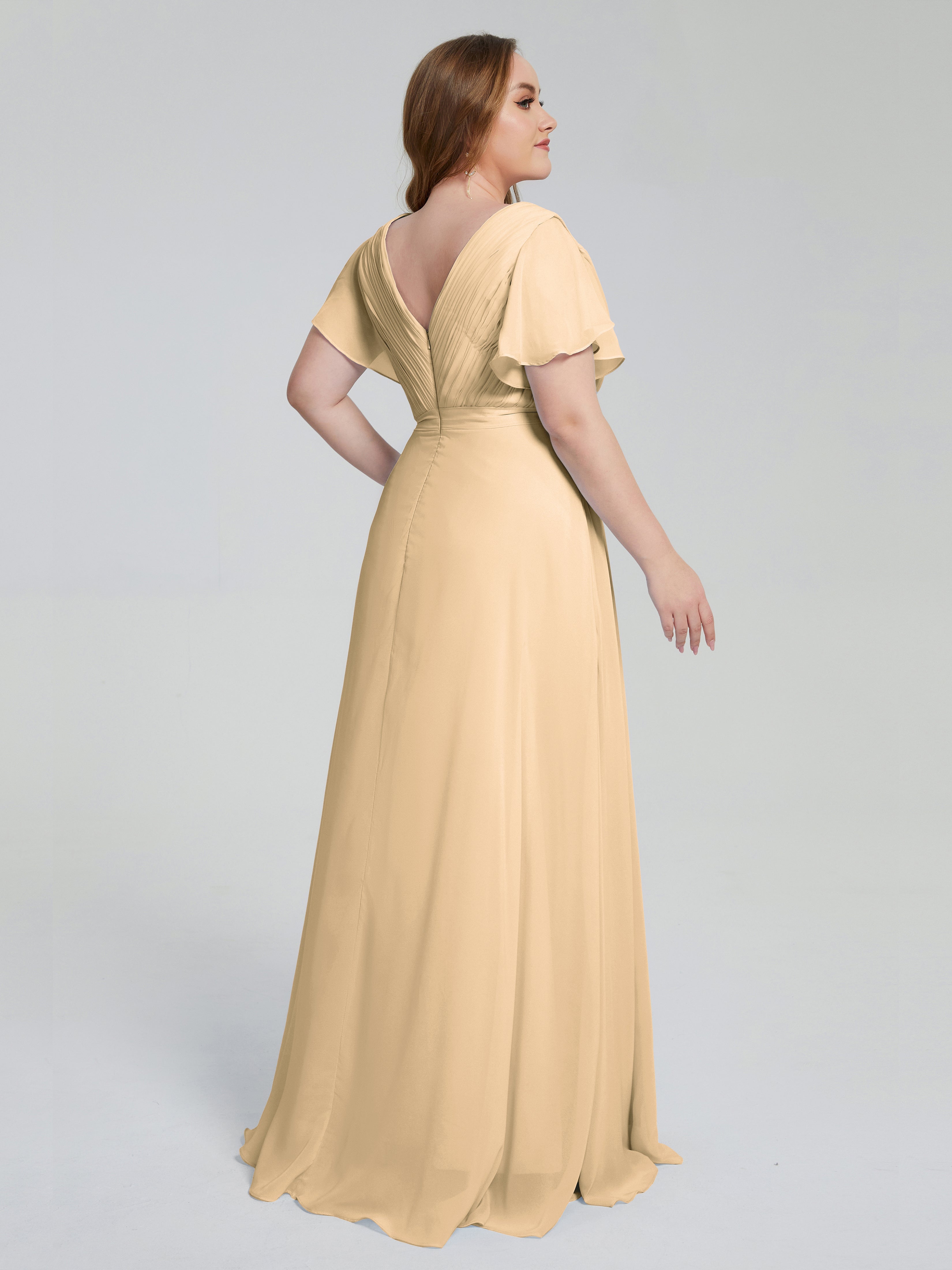 Robe De Demoiselle D Honneur Peche Manches Courtes Mousseline Robes Demoiselle D'Honneur