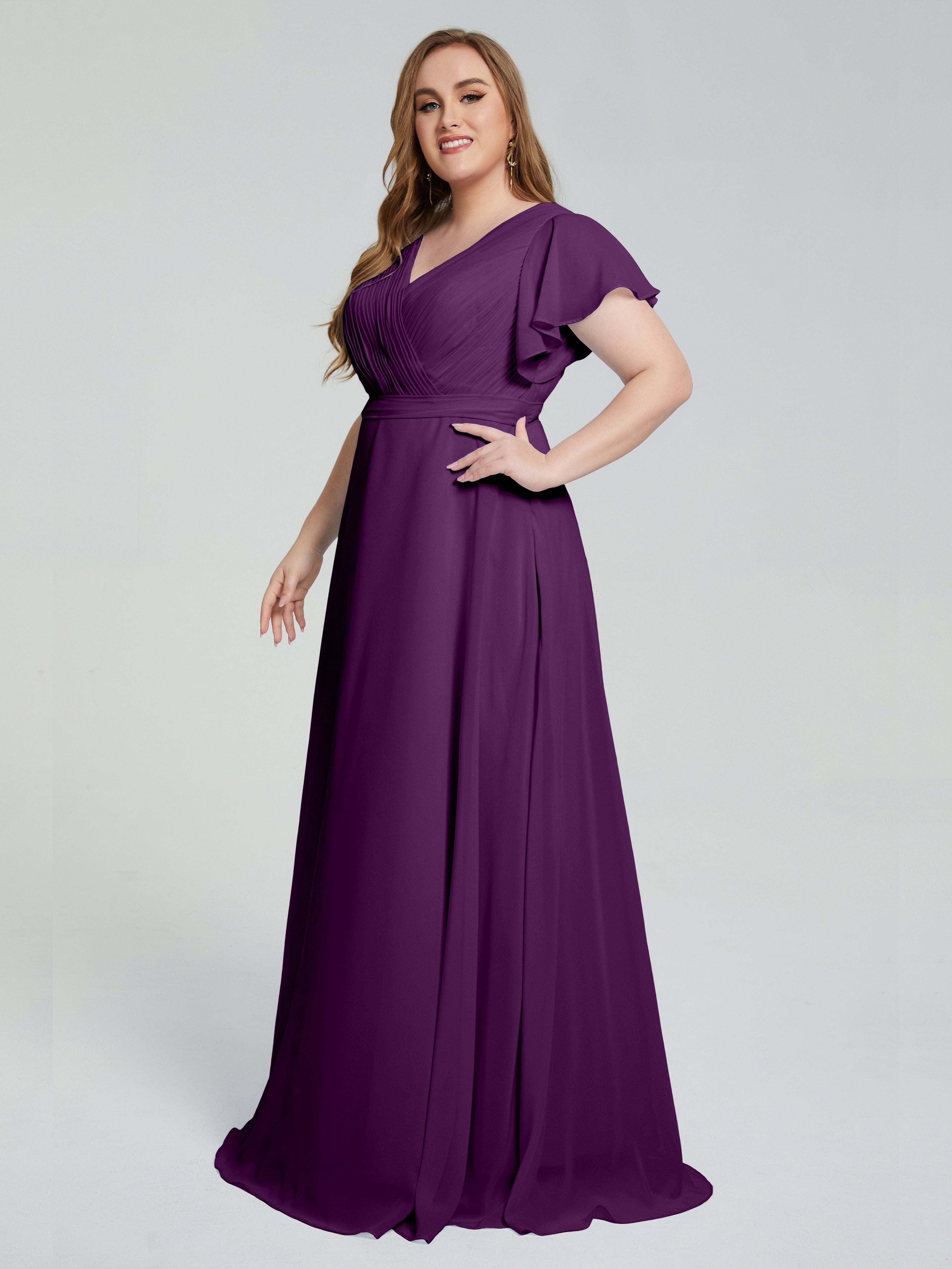 Robes De Demoiselle D'Honneur En Raisin Manches Courtes Mousseline Robes Demoiselle D'Honneur