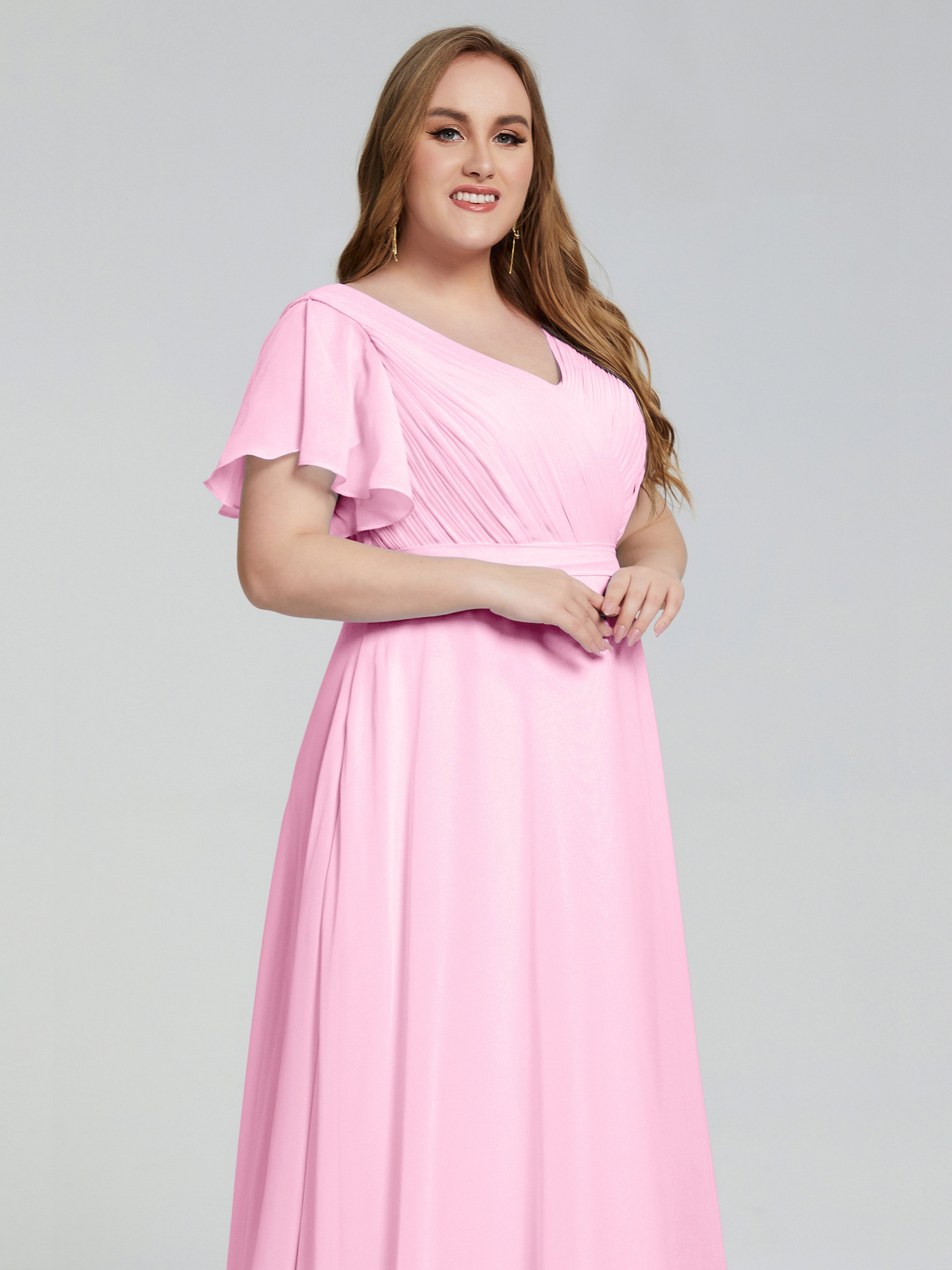 Robe Demoiselle D Honneur Rose Bonbon Manches Courtes Mousseline Robes Demoiselle D'Honneur