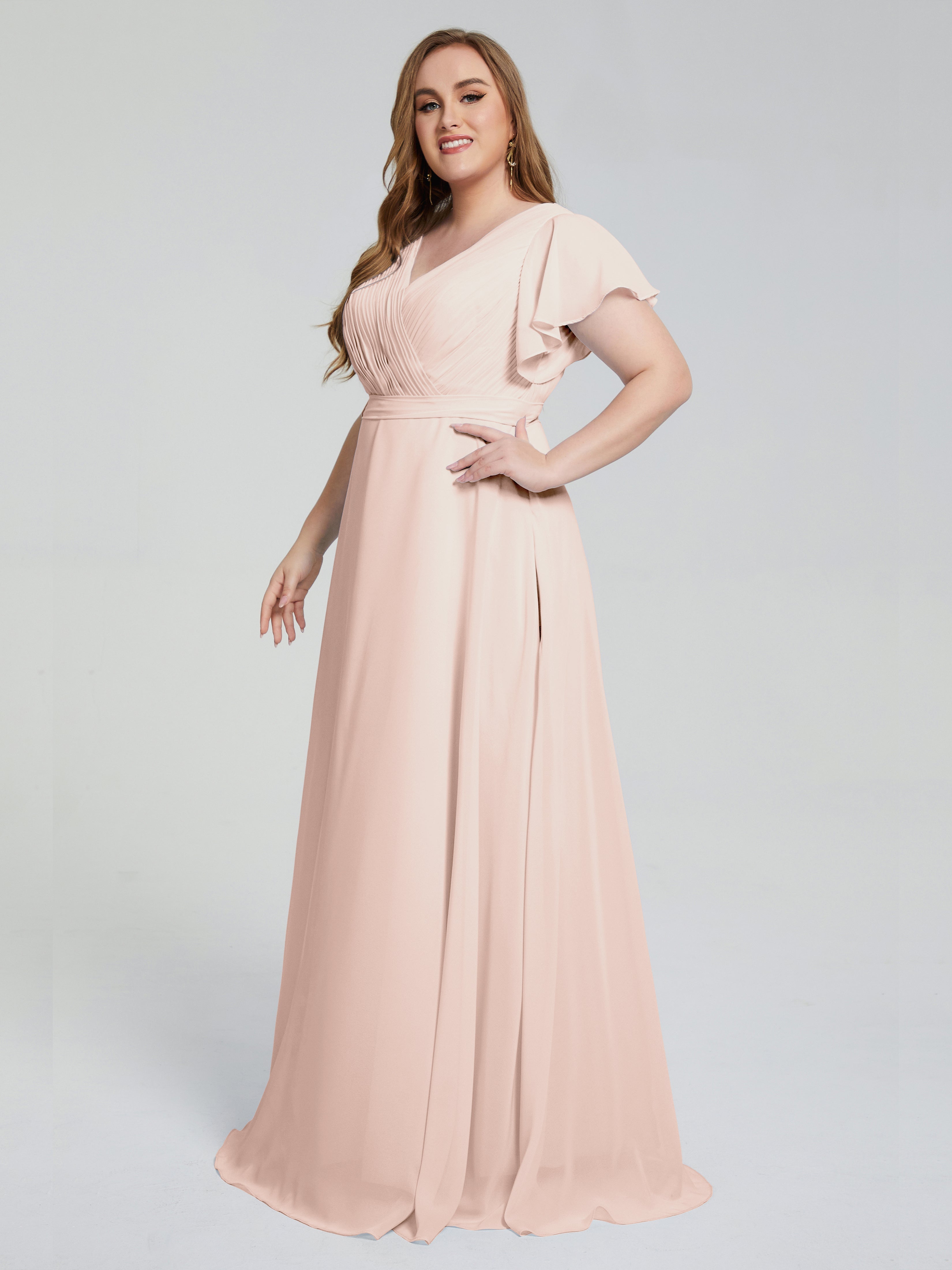 Robe Demoiselle D Honneur Rose Perle Manches Courtes Mousseline Robes Demoiselle D'Honneur