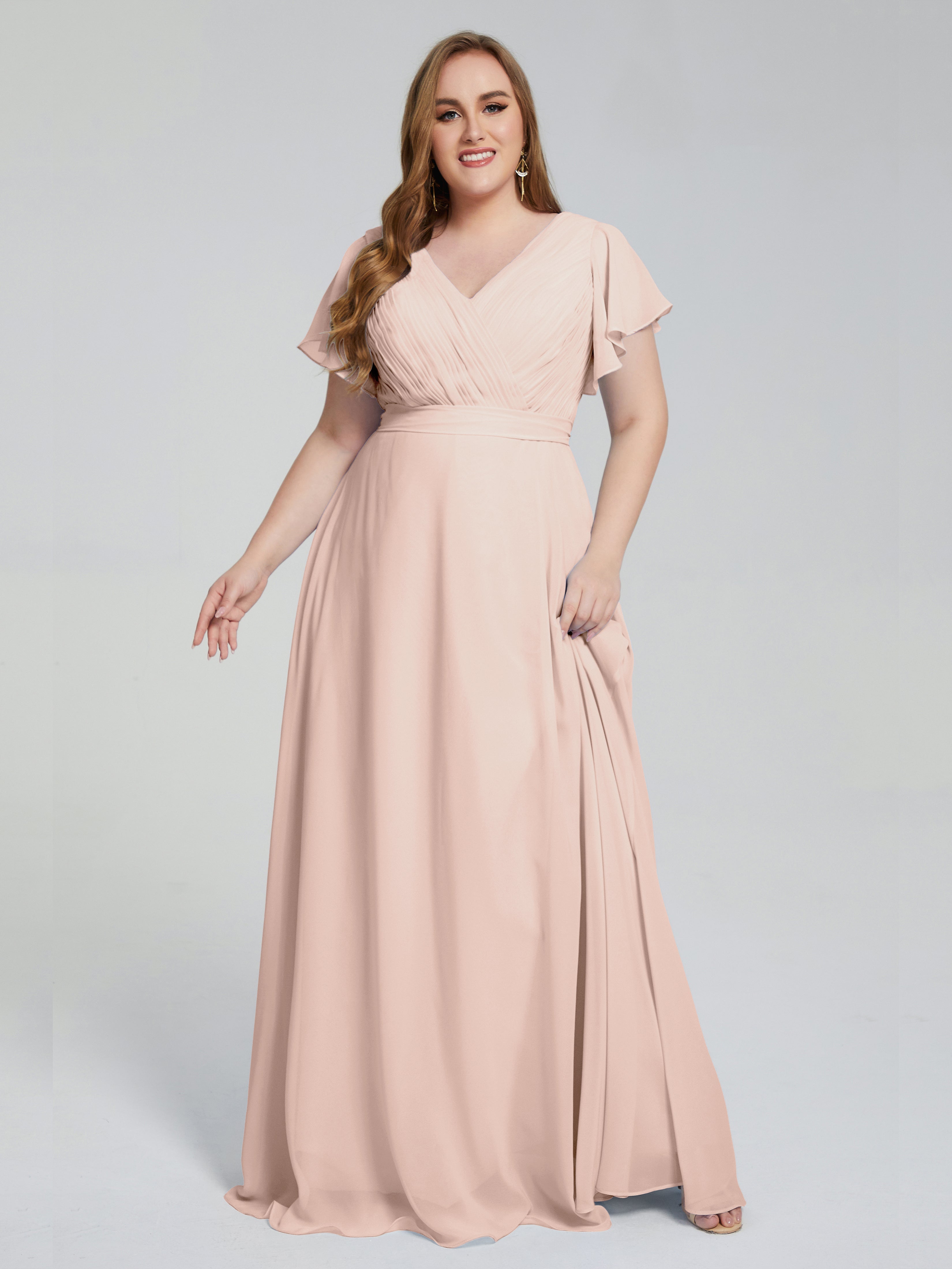 Robe Demoiselle D Honneur Rose Perle Manches Courtes Mousseline Robes Demoiselle D'Honneur