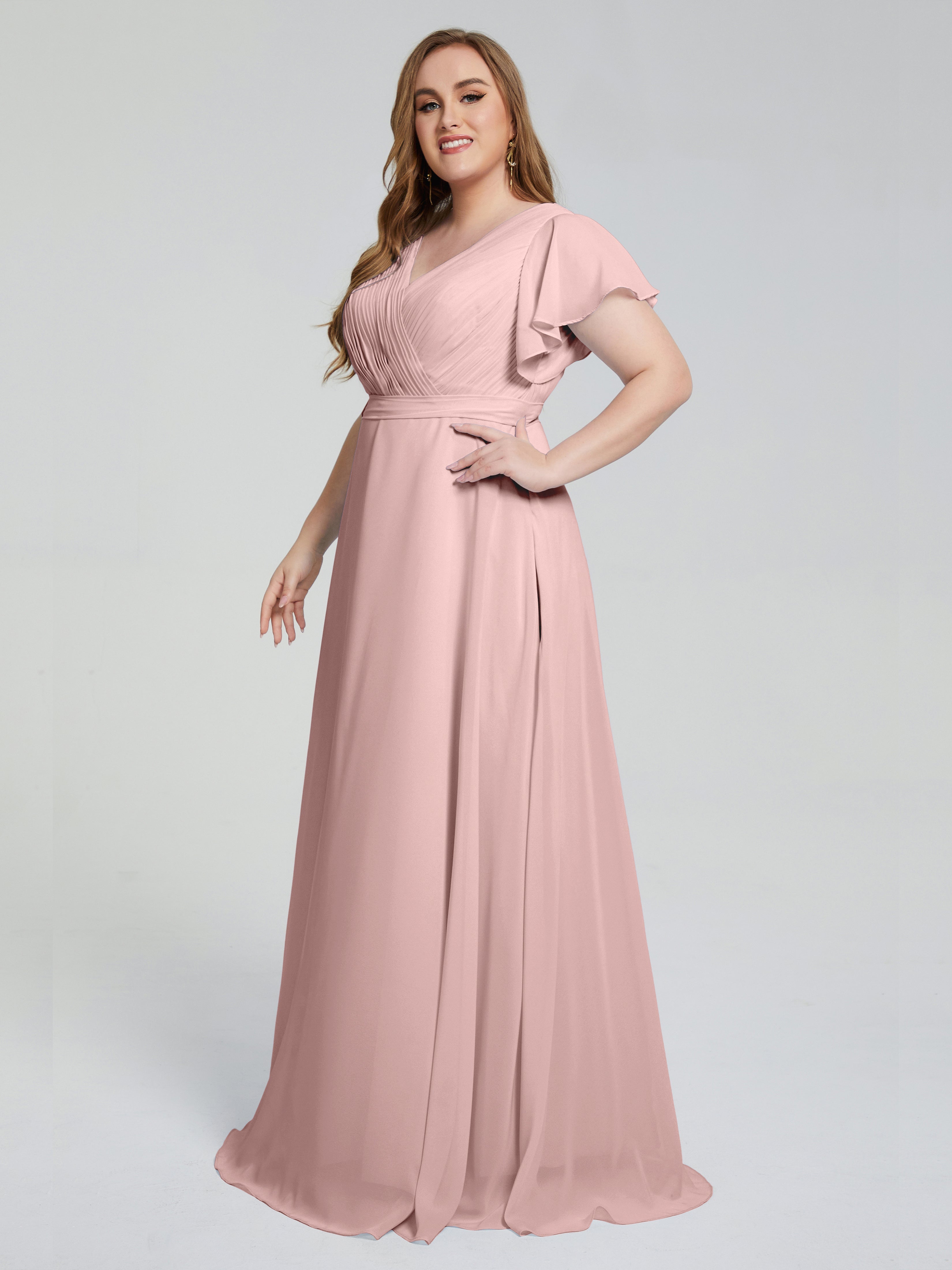 Robe Rose Poudré Demoiselle D Honneur Manches Courtes Mousseline Robes Demoiselle D'Honneur