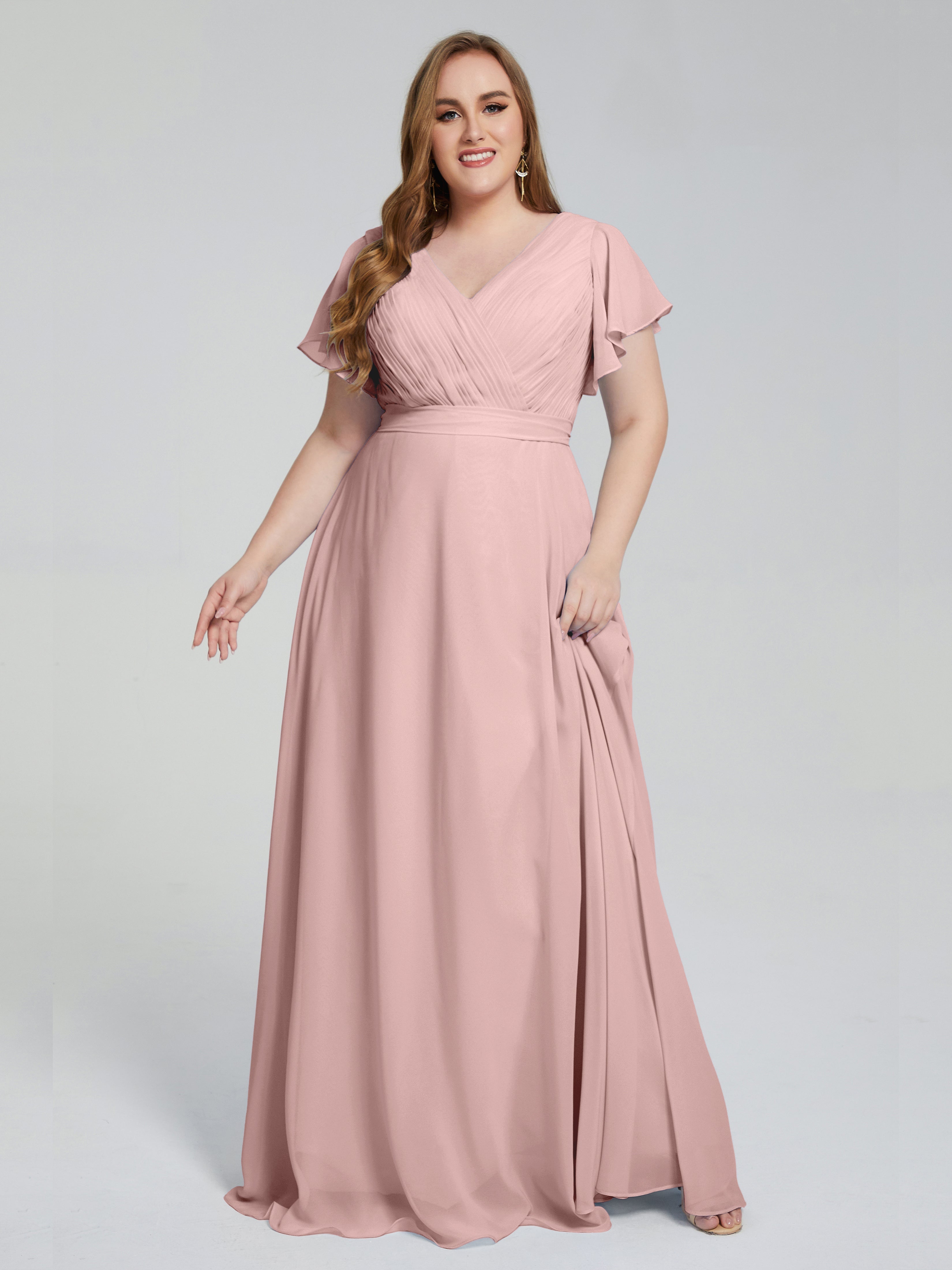 Robe Rose Poudré Demoiselle D Honneur Manches Courtes Mousseline Robes Demoiselle D'Honneur