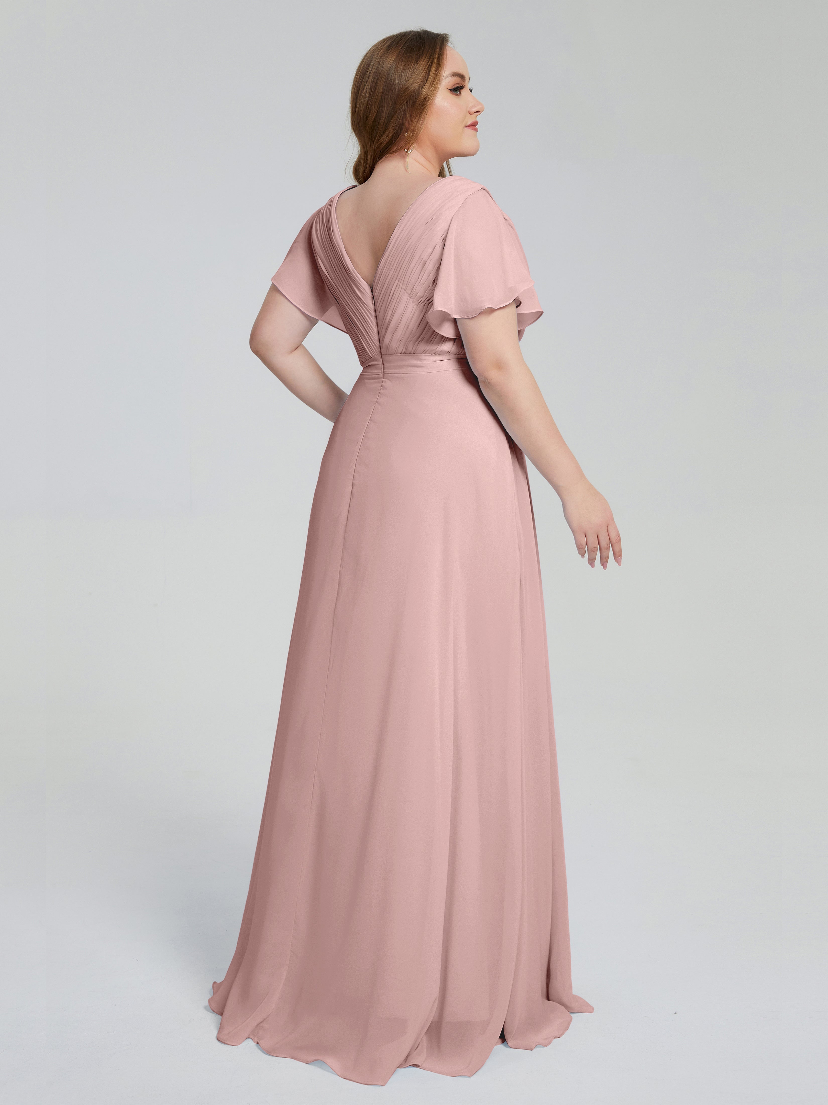 Robe Rose Poudré Demoiselle D Honneur Manches Courtes Mousseline Robes Demoiselle D'Honneur