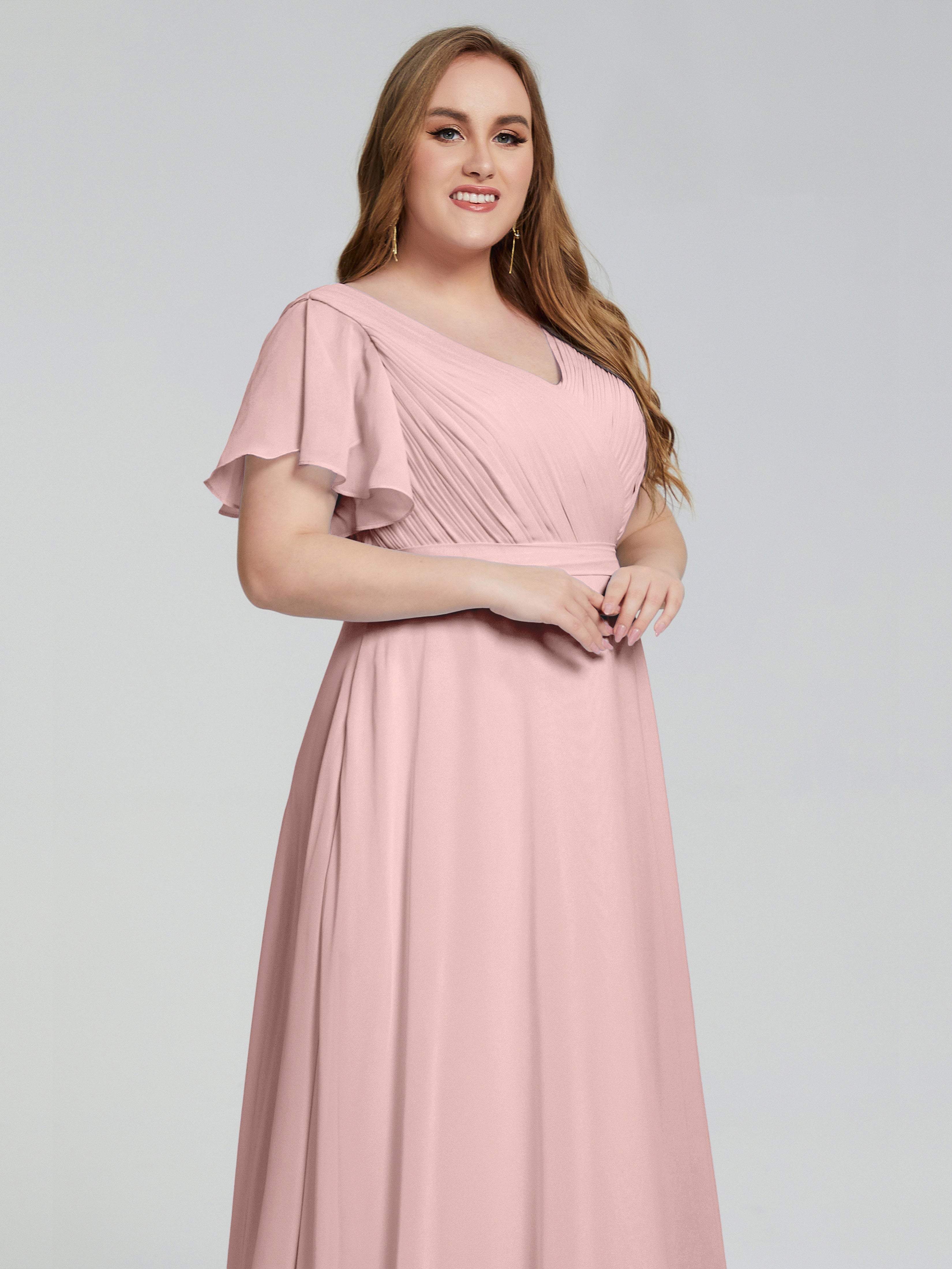 Robe Rose Poudré Demoiselle D Honneur Manches Courtes Mousseline Robes Demoiselle D'Honneur