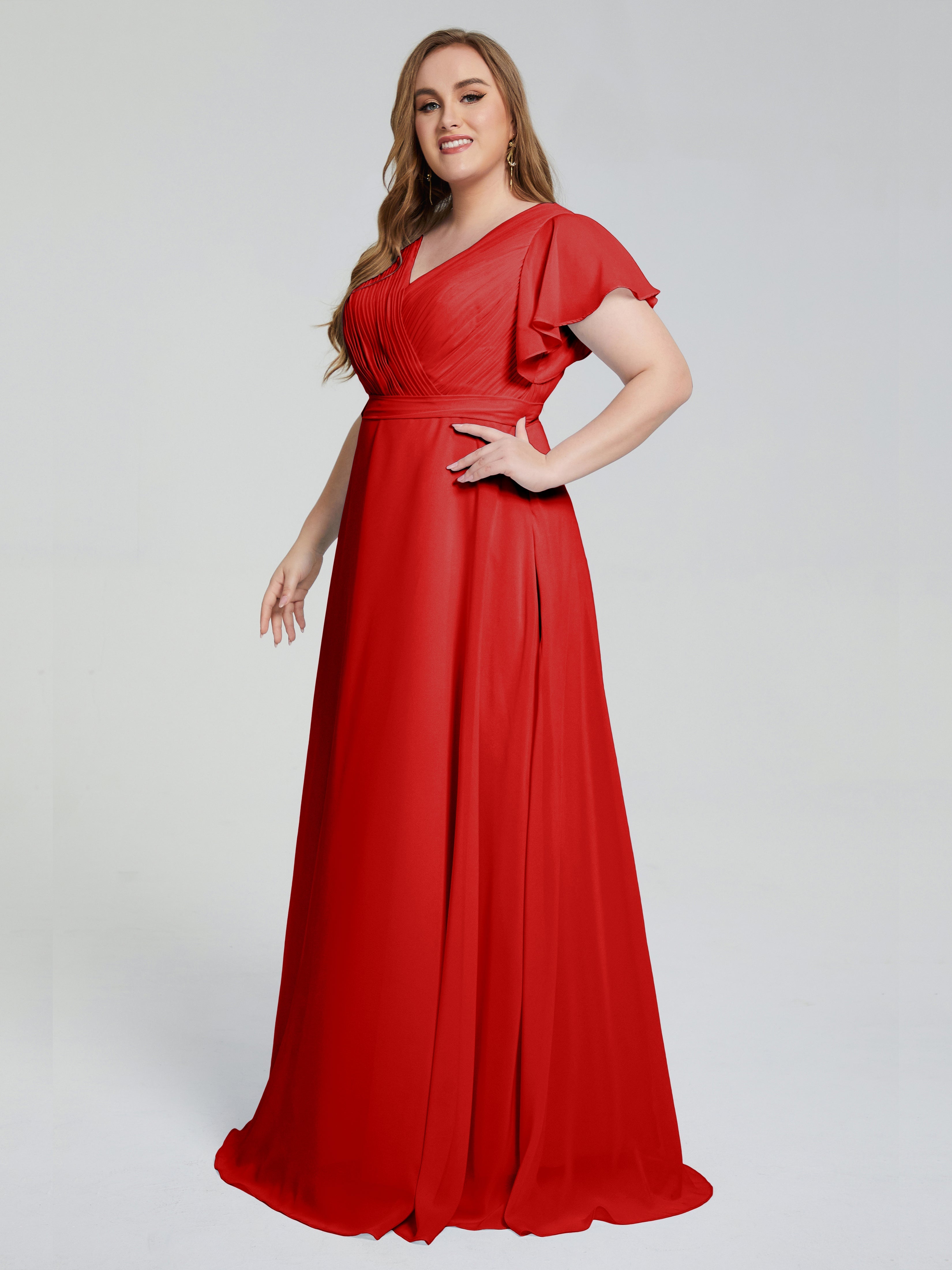 Demoiselle D Honneur Rouge Manches Courtes Mousseline Robes Demoiselle D'Honneur