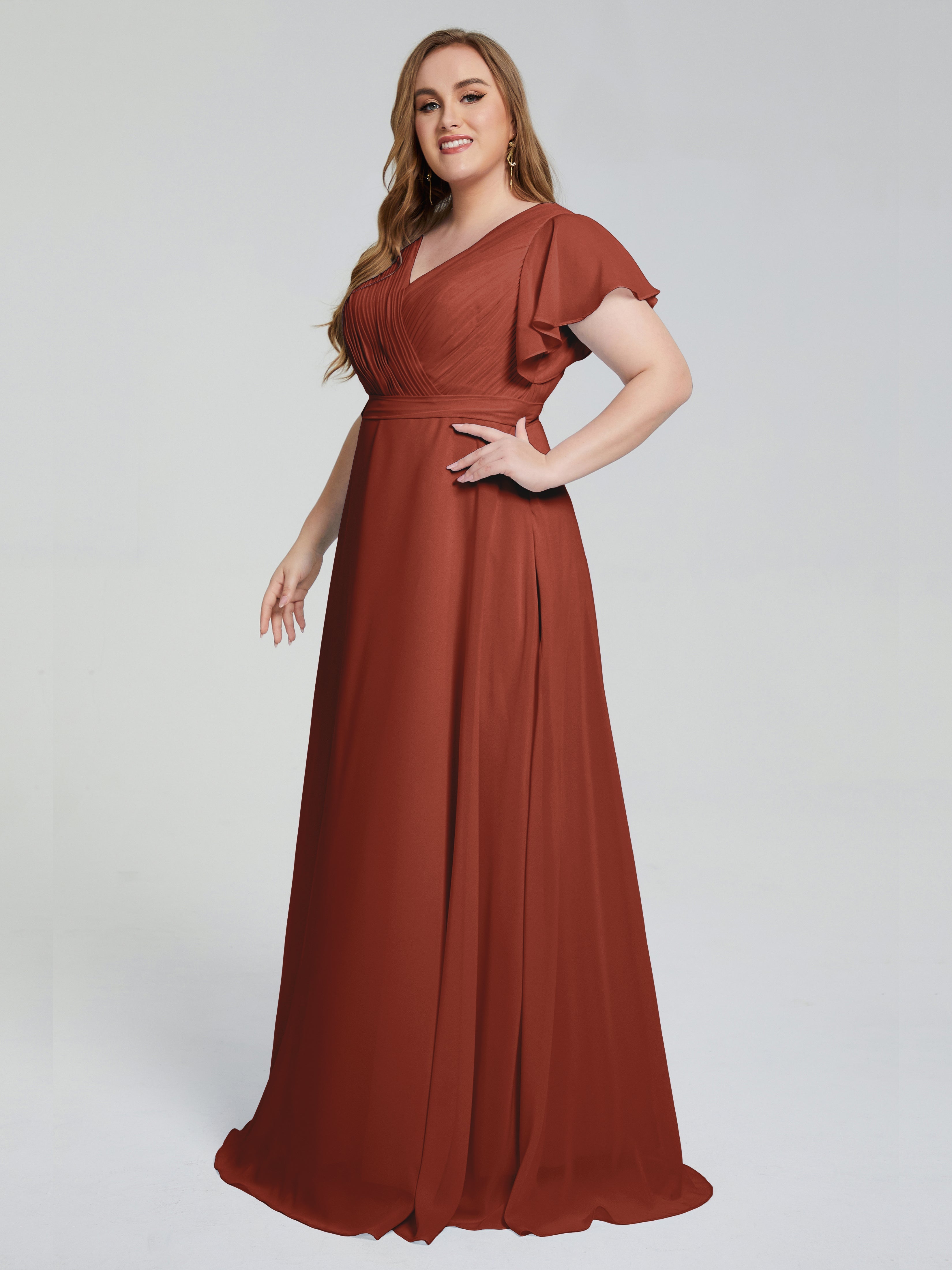 Robes De Demoiselle D'Honneur De Rouille Manches Courtes Mousseline Robes Demoiselle D'Honneur
