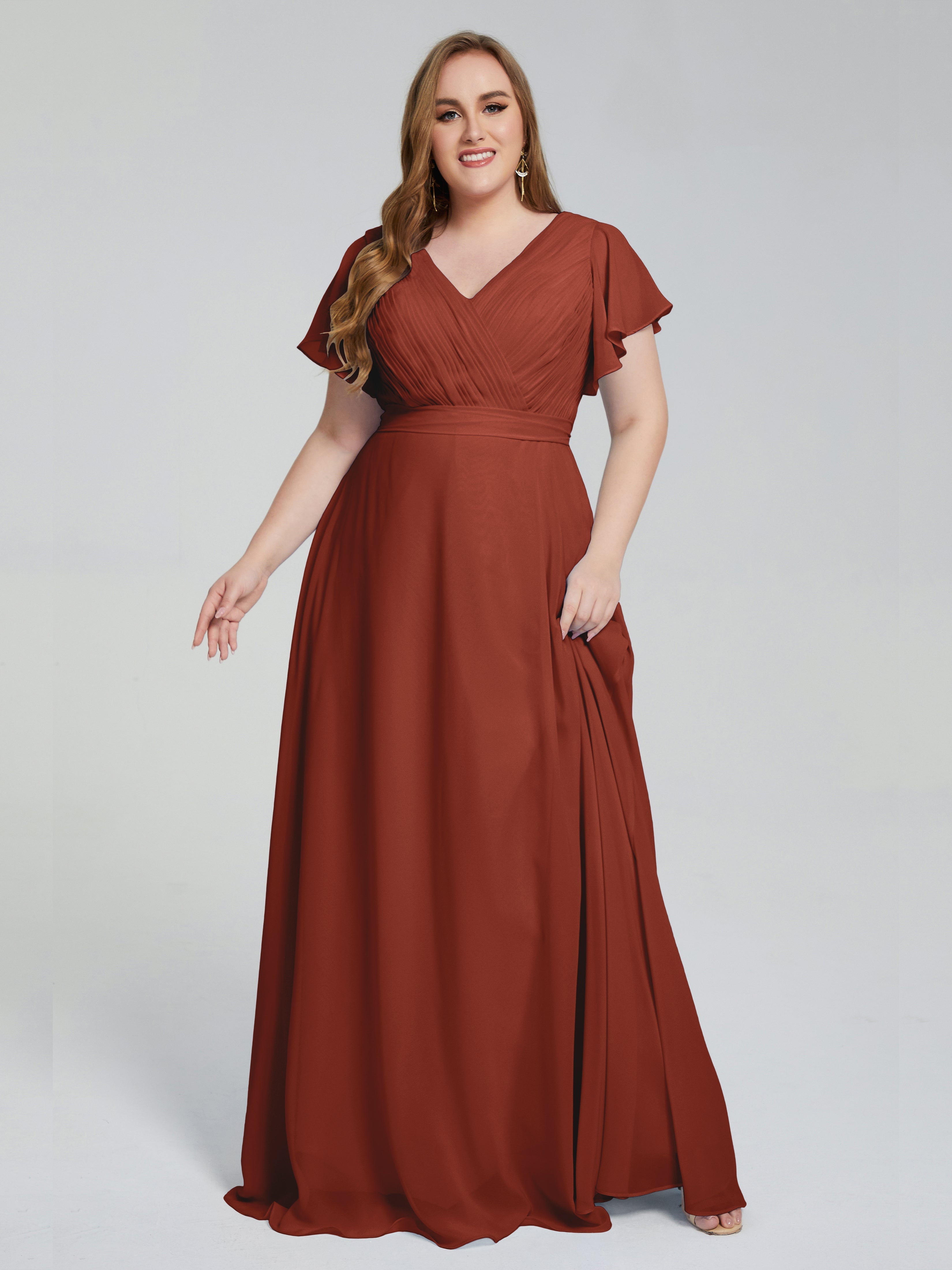 Robes De Demoiselle D'Honneur De Rouille Manches Courtes Mousseline Robes Demoiselle D'Honneur
