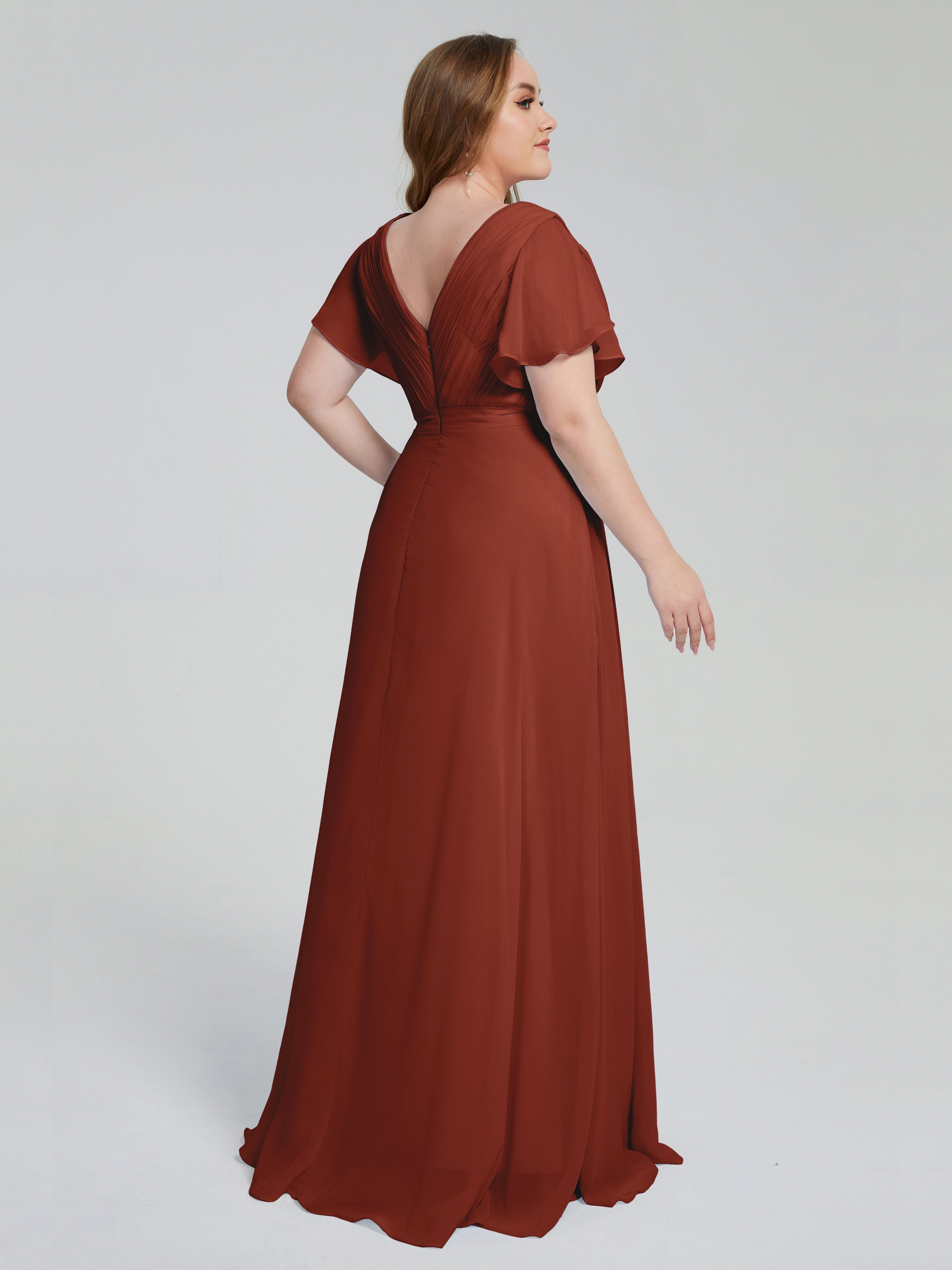 Robes De Demoiselle D'Honneur De Rouille Manches Courtes Mousseline Robes Demoiselle D'Honneur