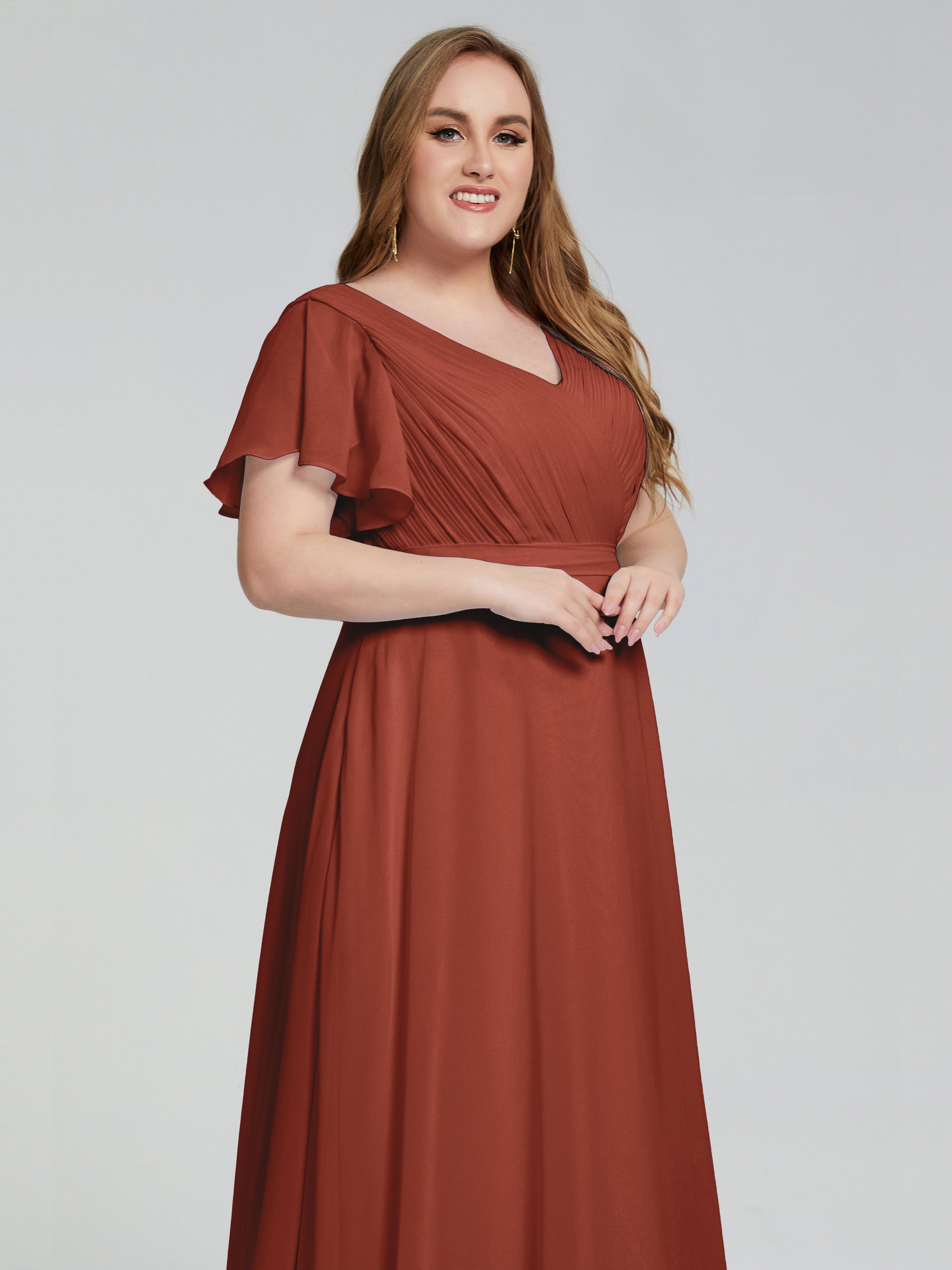 Robes De Demoiselle D'Honneur De Rouille Manches Courtes Mousseline Robes Demoiselle D'Honneur