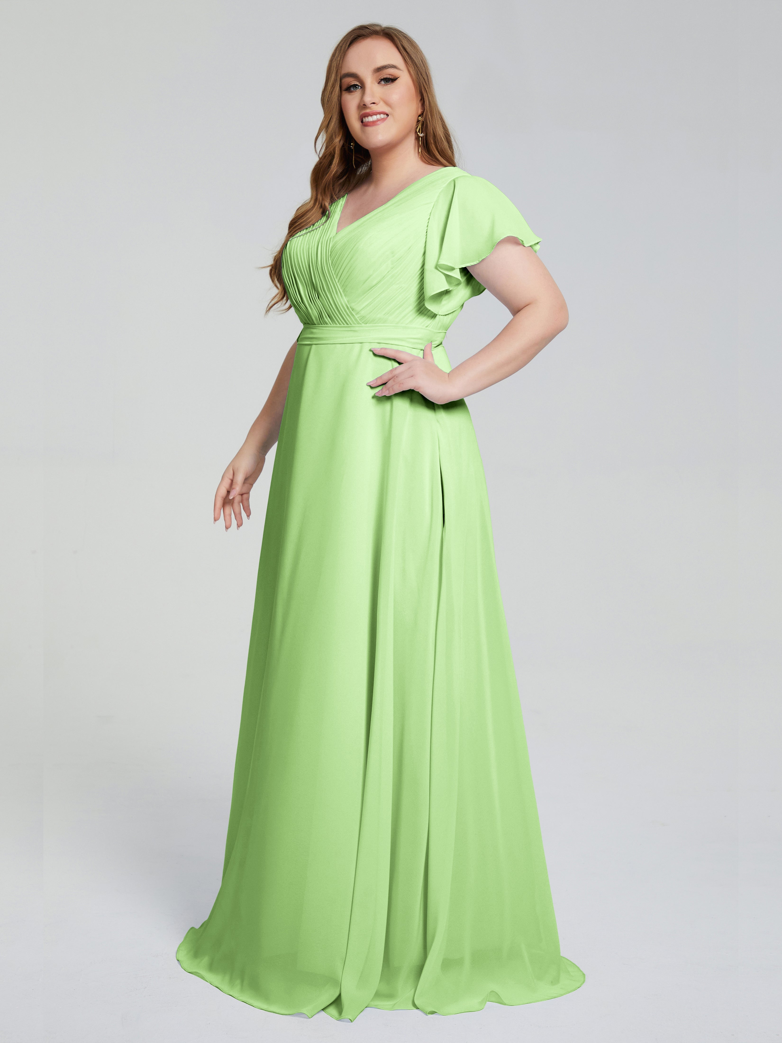 Robe Sauge Demoiselle D Honneur Manches Courtes Mousseline Robes Demoiselle D'Honneur