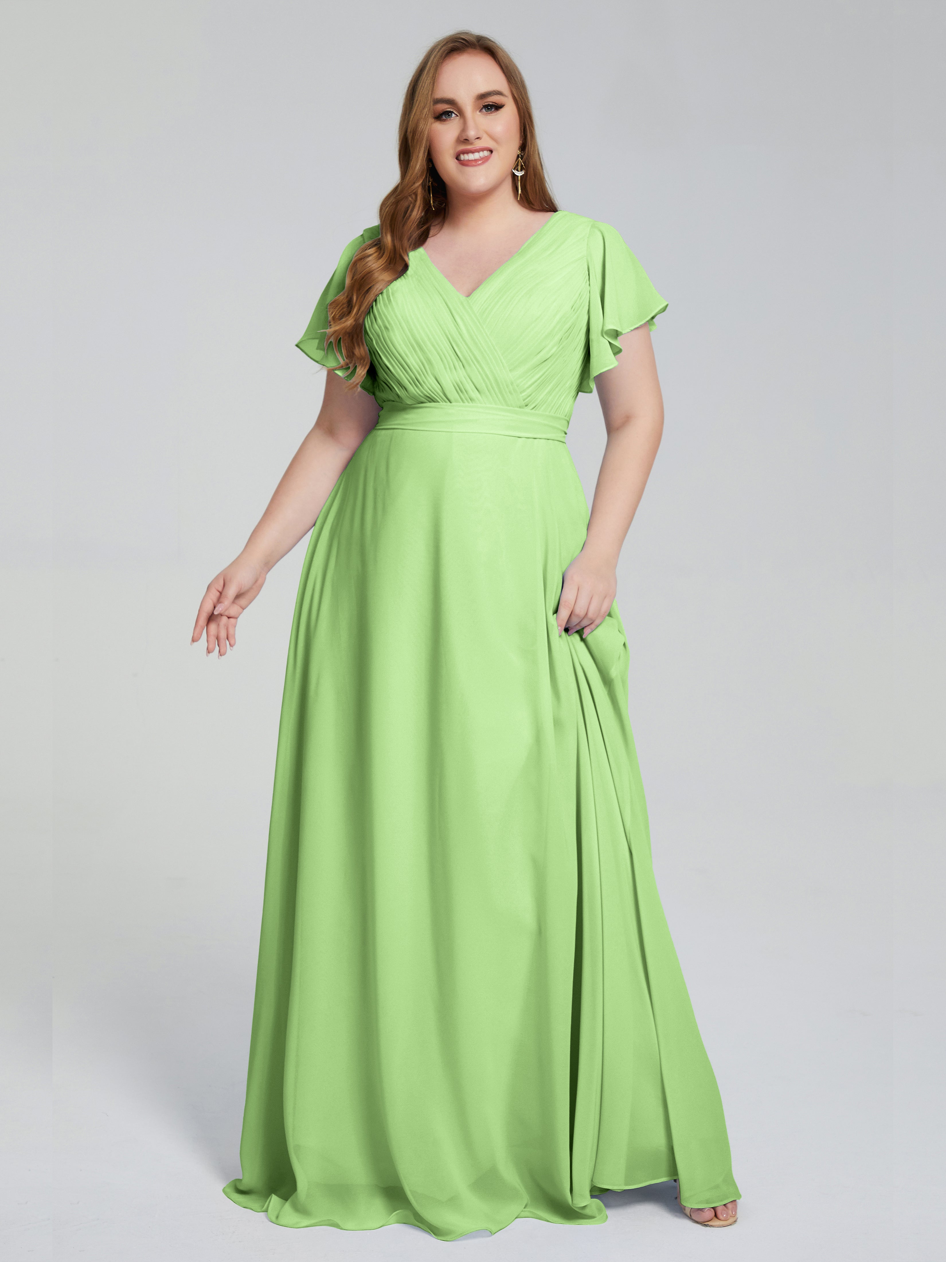 Robe Sauge Demoiselle D Honneur Manches Courtes Mousseline Robes Demoiselle D'Honneur