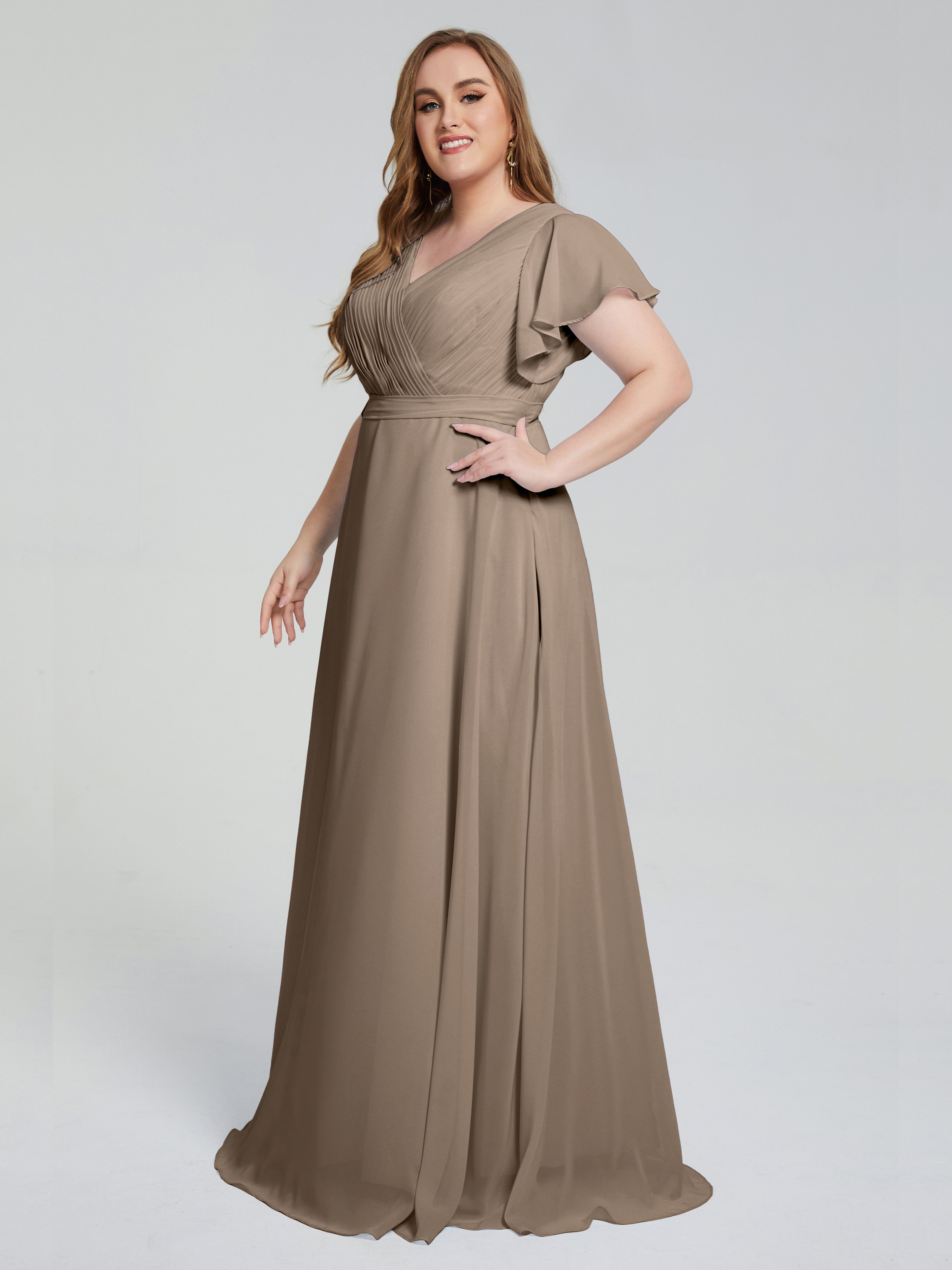 Robe De Couleur Taupe Manches Courtes Mousseline Robes Demoiselle D'Honneur