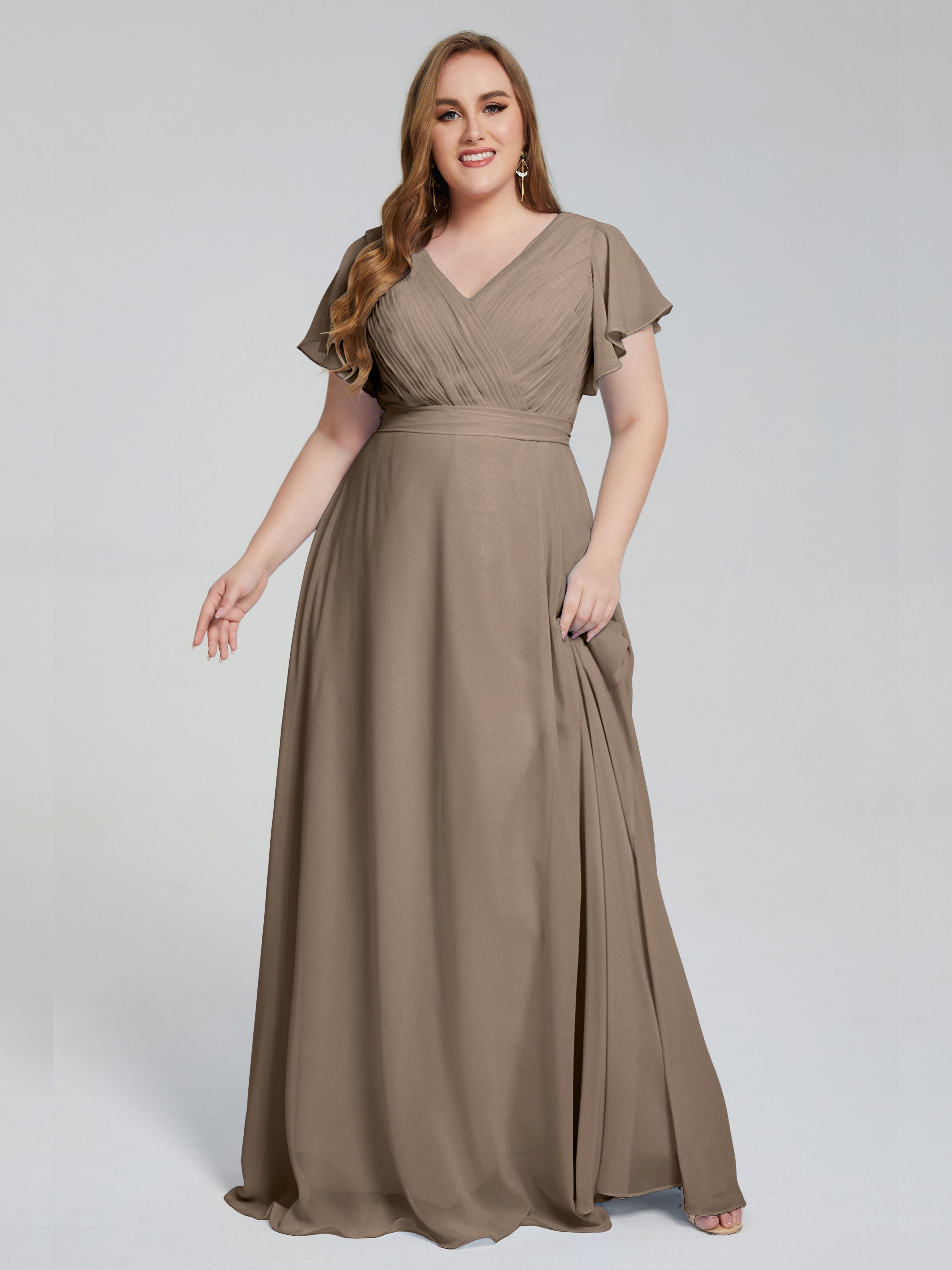 Robe De Couleur Taupe Manches Courtes Mousseline Robes Demoiselle D'Honneur