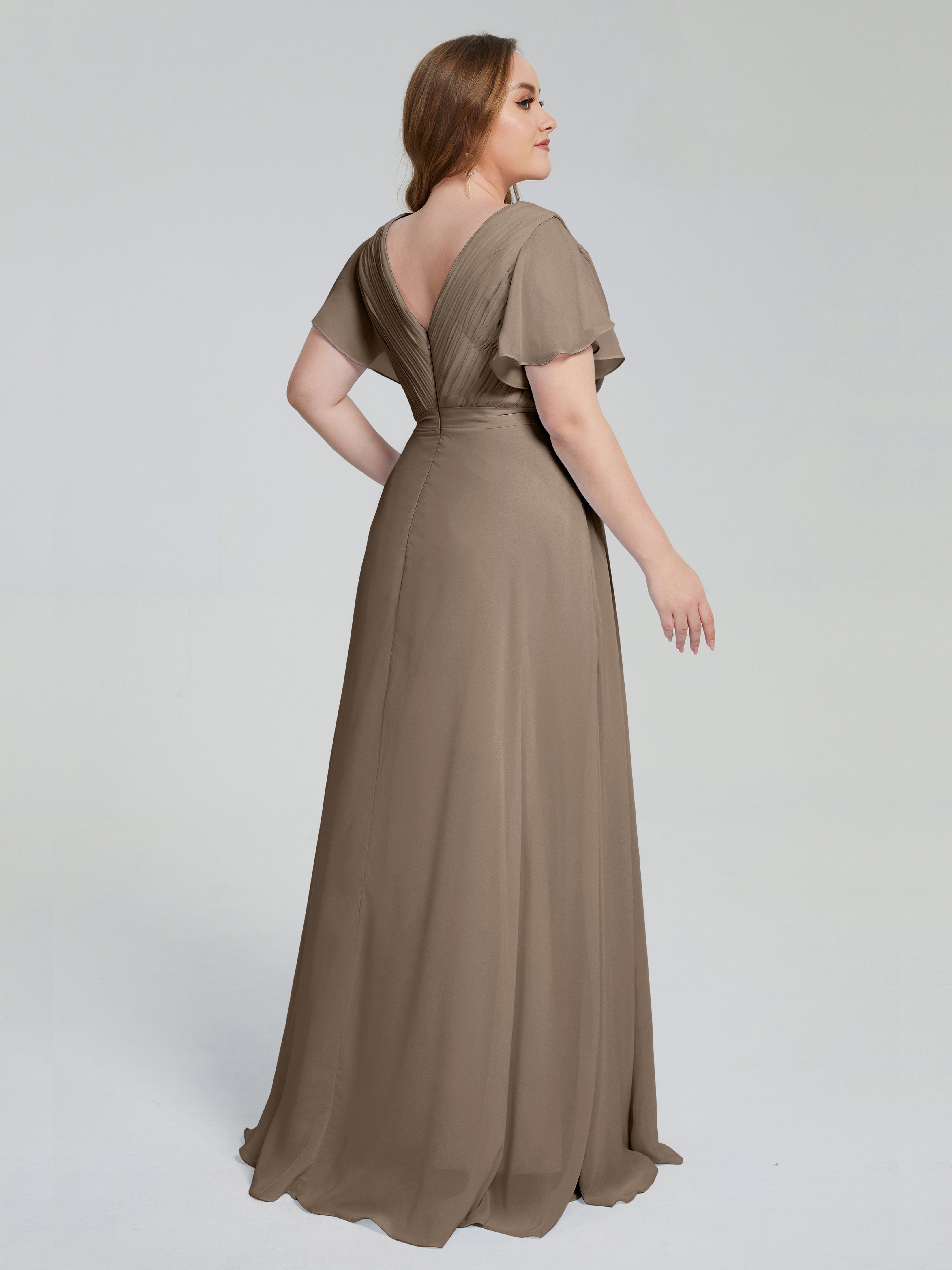 Robe De Couleur Taupe Manches Courtes Mousseline Robes Demoiselle D'Honneur
