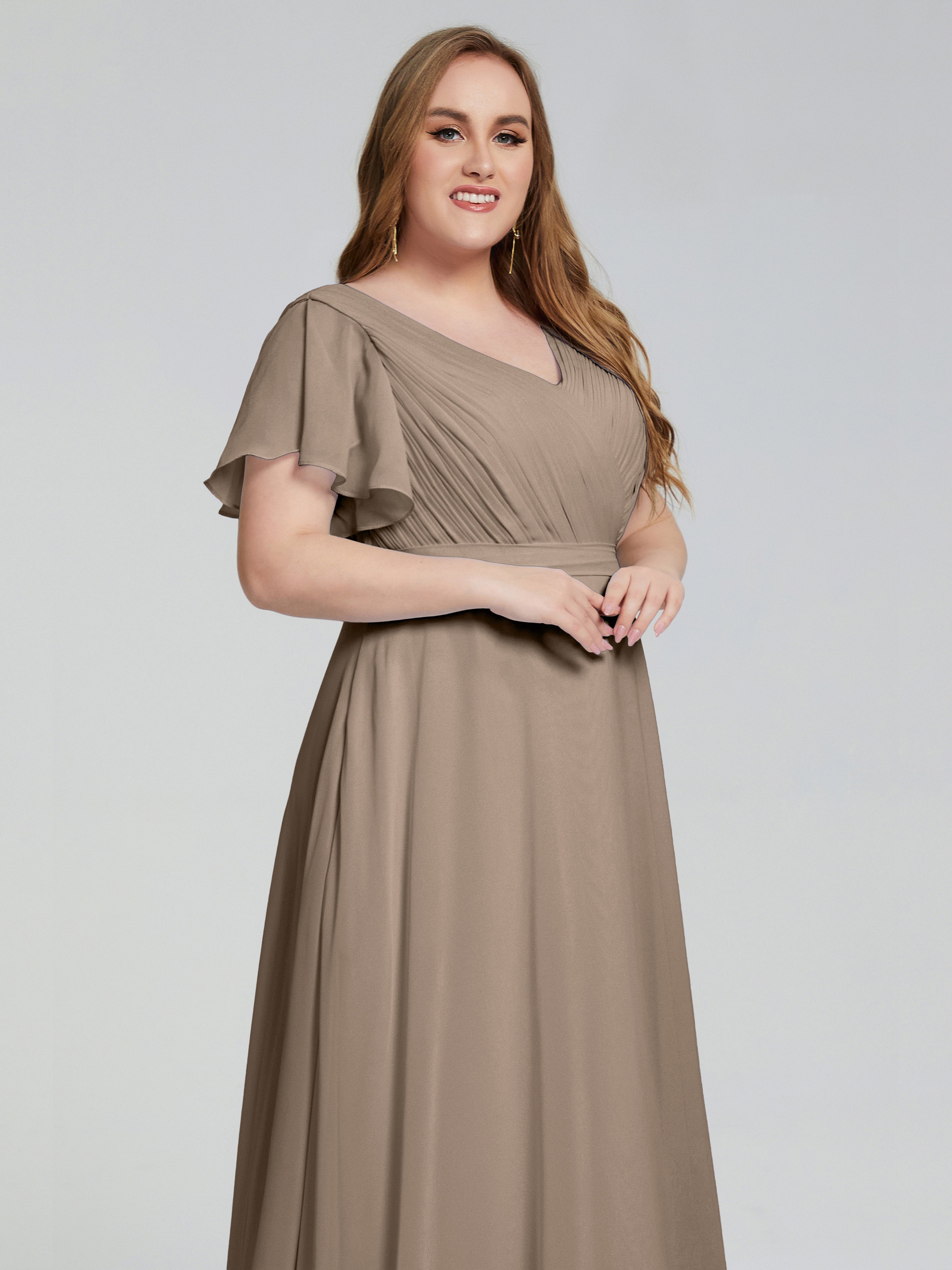 Robe De Couleur Taupe Manches Courtes Mousseline Robes Demoiselle D'Honneur