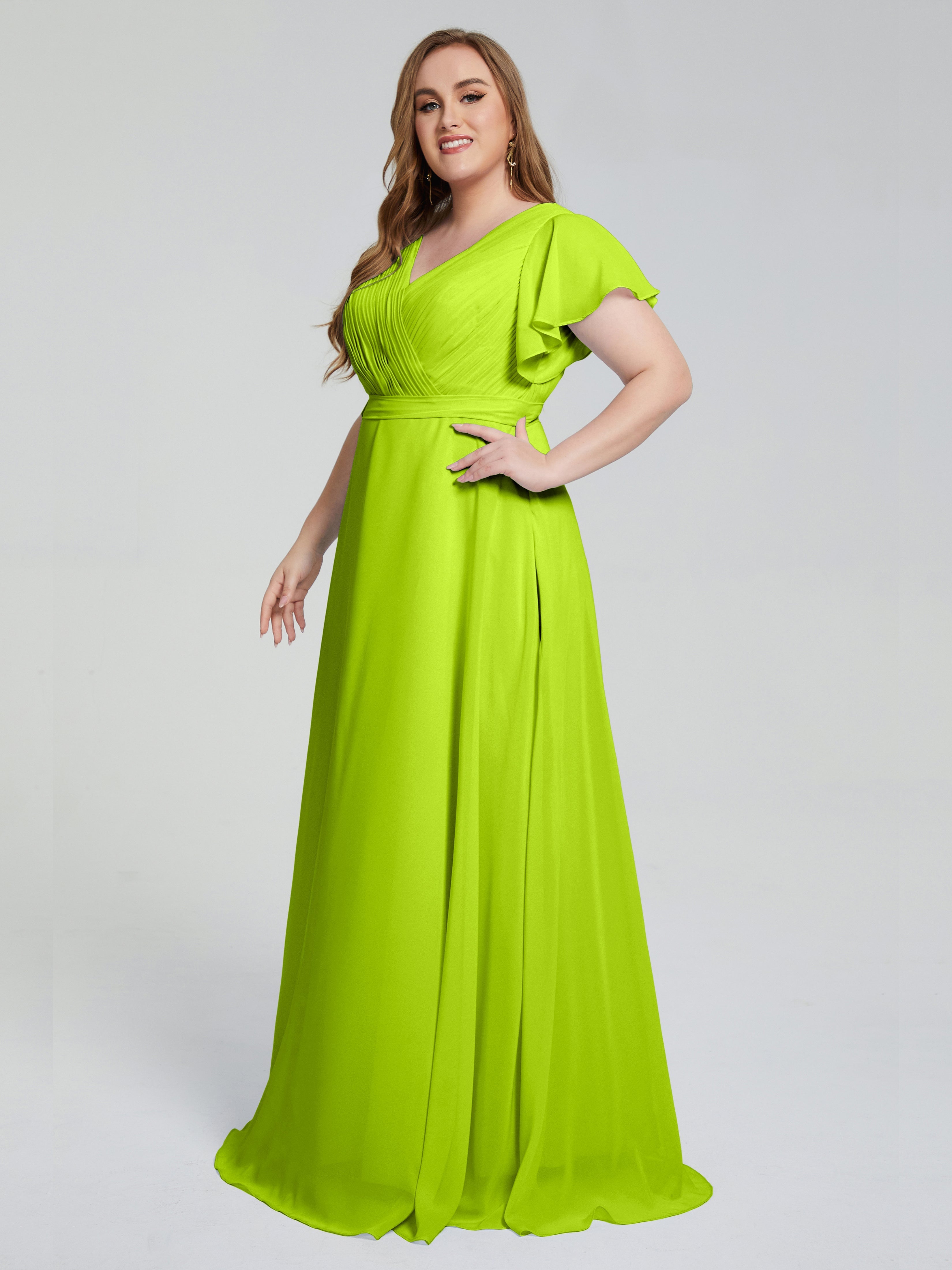 Robes De Demoiselle D'Honneur Vert Citron Manches Courtes Mousseline Robes Demoiselle D'Honneur