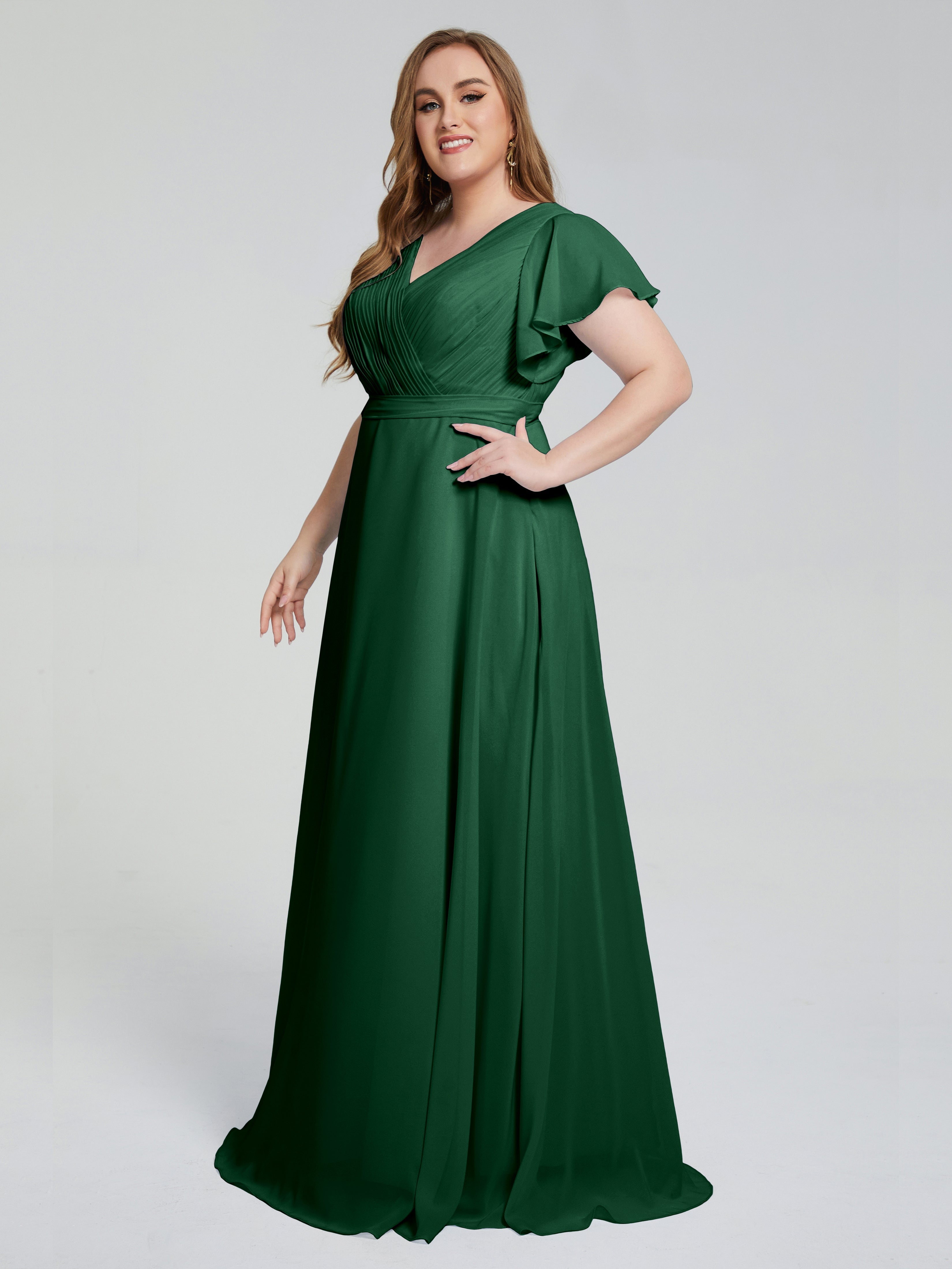Robe Demoiselle D Honneur Vert Foncé Manches Courtes Mousseline Robes Demoiselle D'Honneur