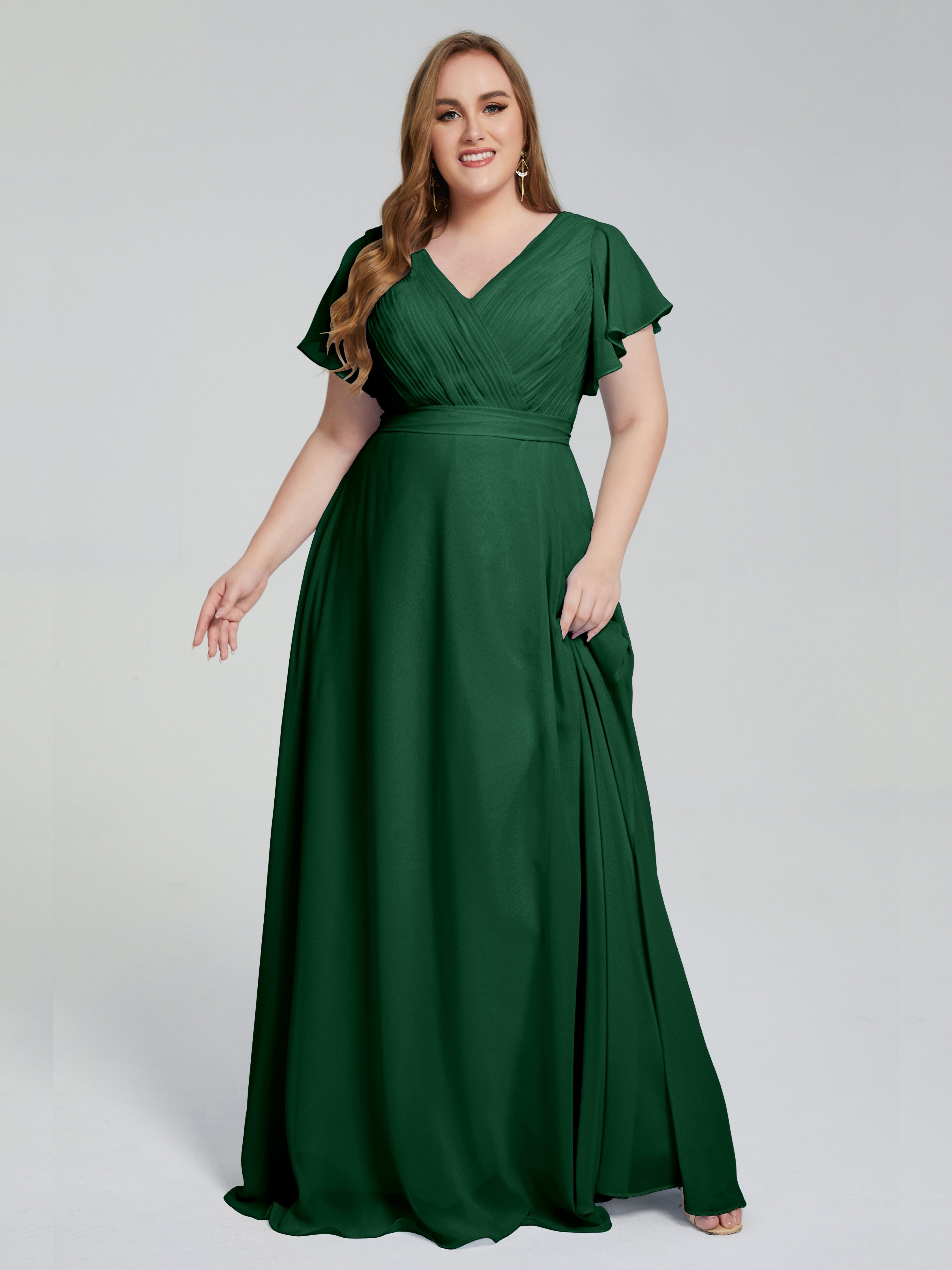 Robe Demoiselle D Honneur Vert Foncé Manches Courtes Mousseline Robes Demoiselle D'Honneur