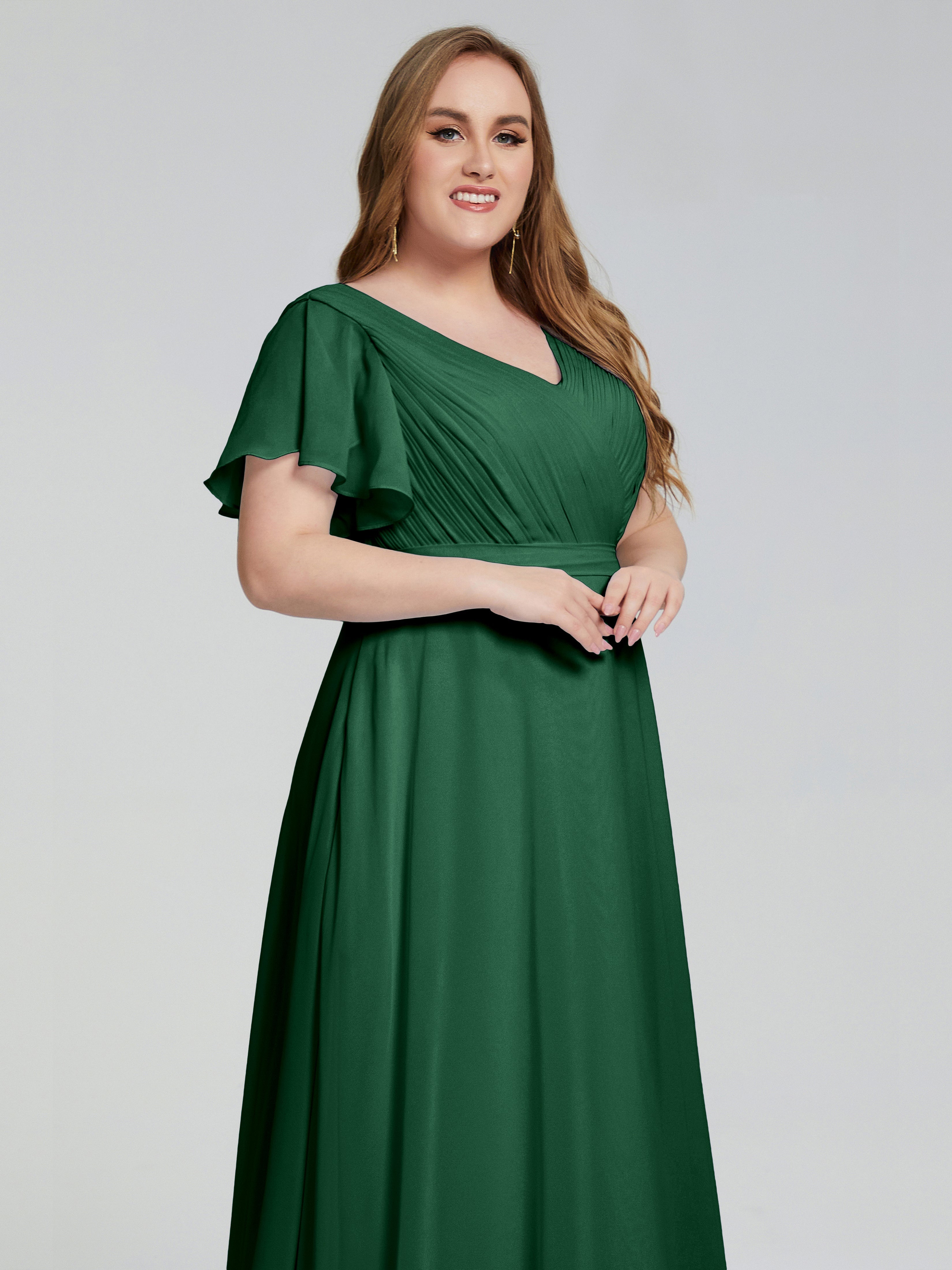 Robe Demoiselle D Honneur Vert Foncé Manches Courtes Mousseline Robes Demoiselle D'Honneur