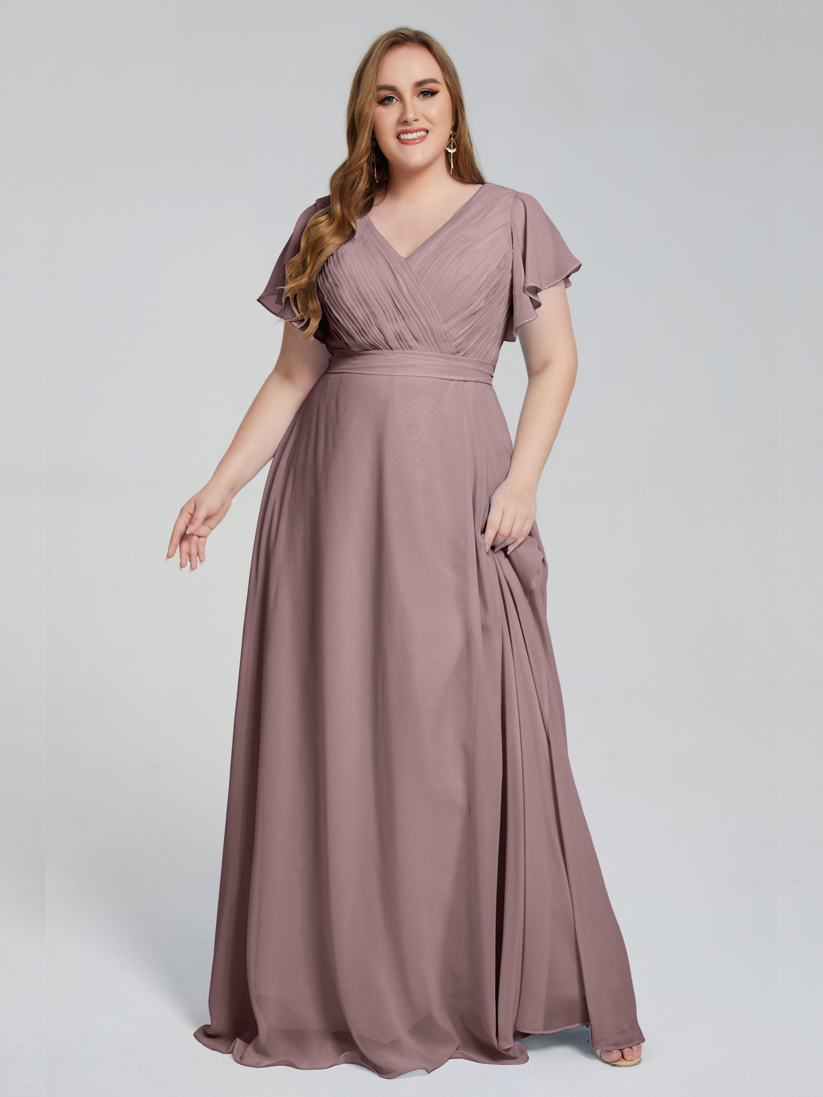 Robes De Demoiselle D'Honneur Mauve Foncé Manches Courtes Mousseline Robes Demoiselle D'Honneur