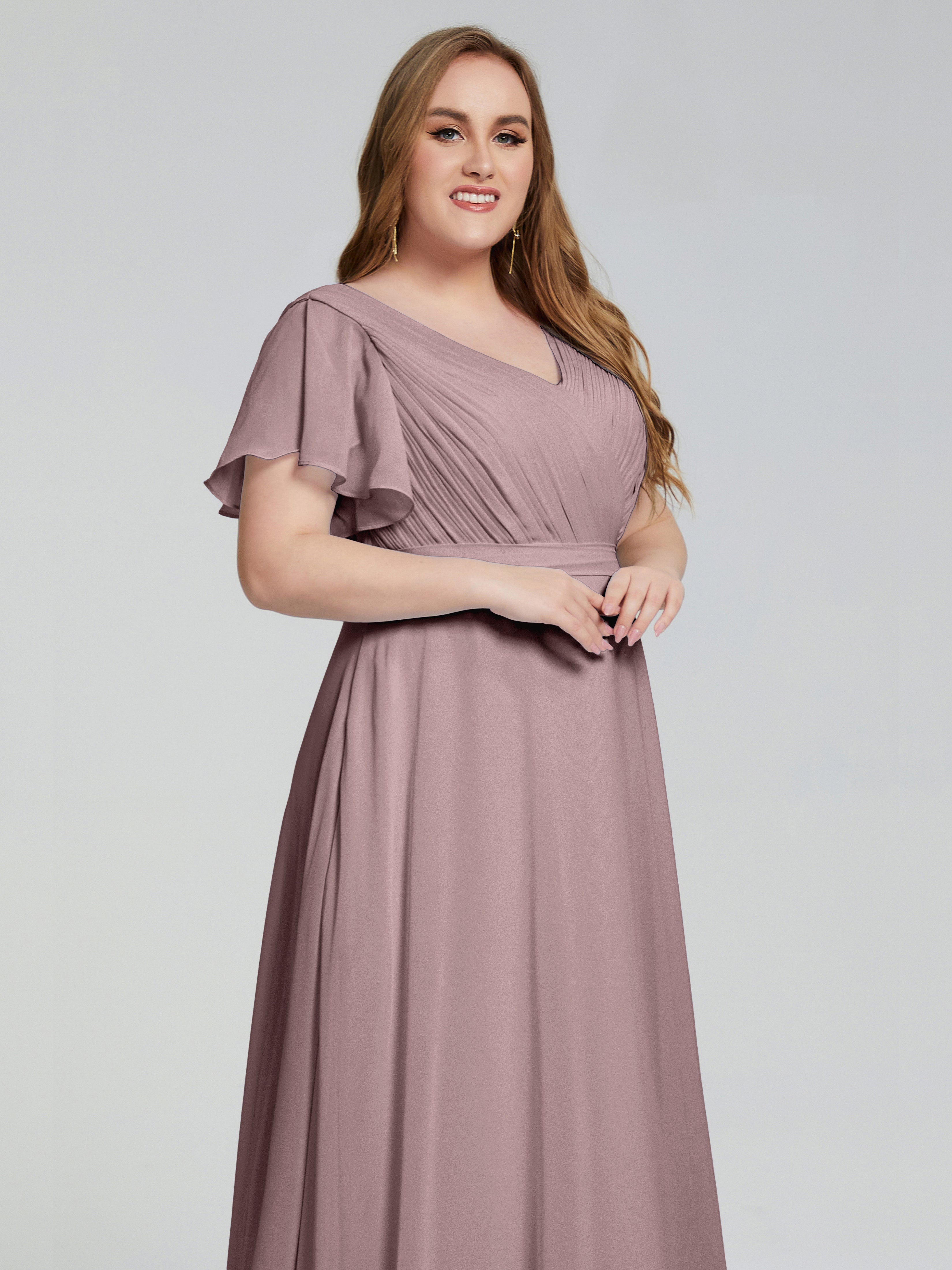 Robes De Demoiselle D'Honneur Mauve Foncé Manches Courtes Mousseline Robes Demoiselle D'Honneur