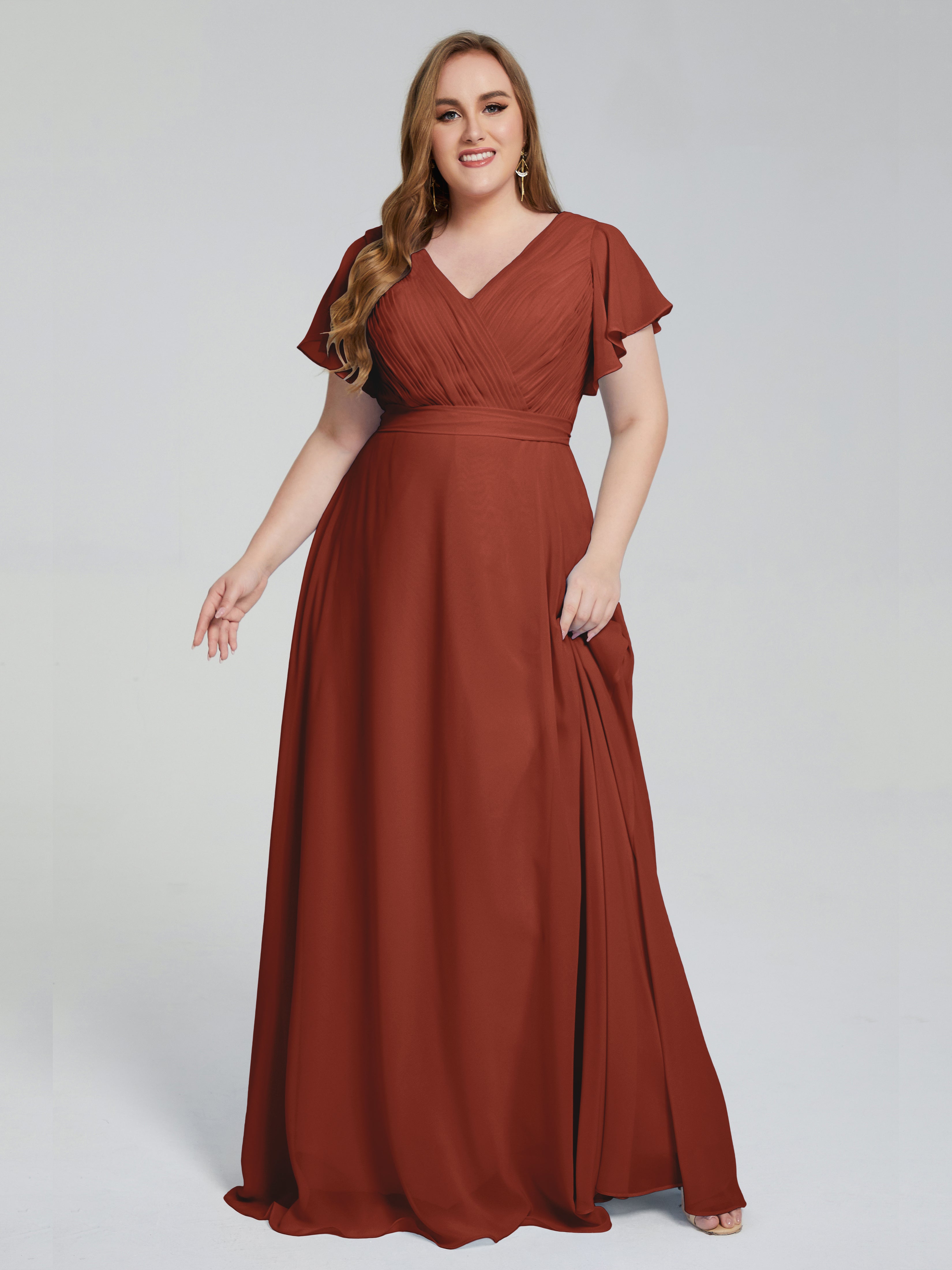 Brooke Manches Courtes Mousseline Robes Demoiselle d'Honneur en ROUILLE