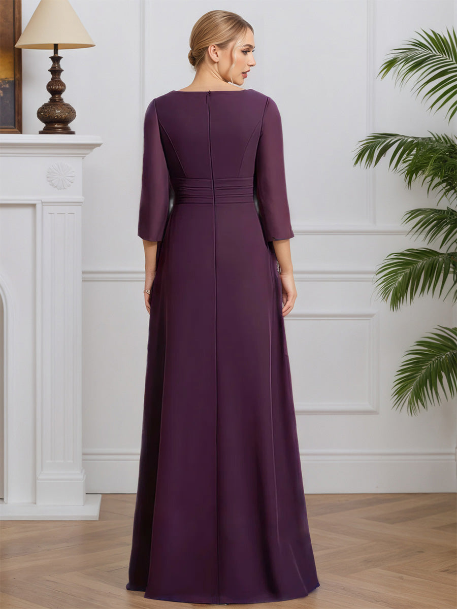 Cicinia Raisin Robe pour Mère de la Mariée Longue en Mousseline A-Line Décolleté en V Manches Trois-Quarts