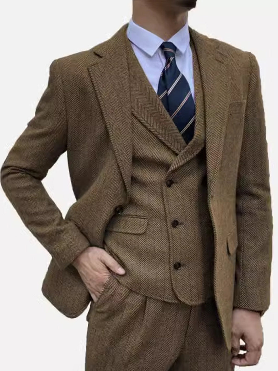 Costume Homme 3 Pièces en BRUN en Tweed à Motif Chevron Style Rétro et Coupe Slim pour Affaires Décontracté