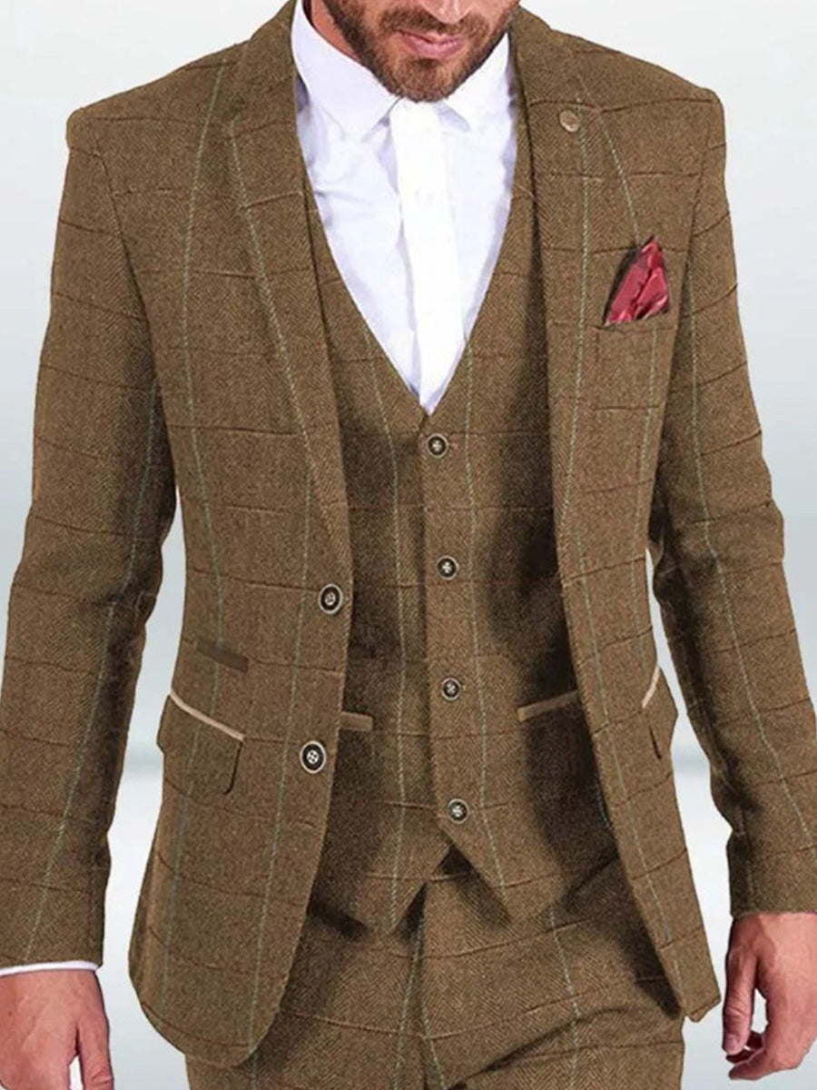 Costume Homme 3 Pièces en BRUN Nouvelle Collection Tweed à Motifs Chevron et Carreaux Coupe Slim Affaires & Cérémonie